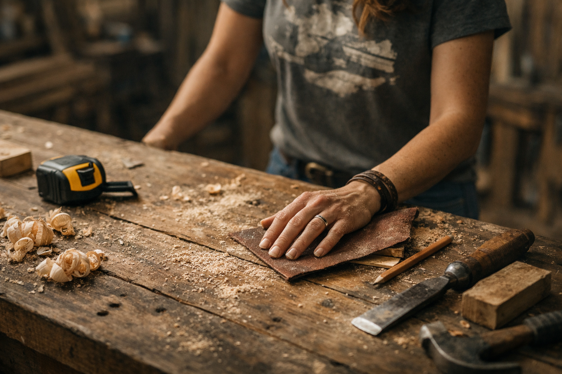 Woman sanding wood at a workbench wearing a woodworking t-shirt, surrounded by tools and sawdust