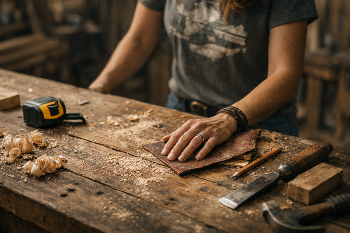 Woman sanding wood at a workbench wearing a woodworking t-shirt, surrounded by tools and sawdust