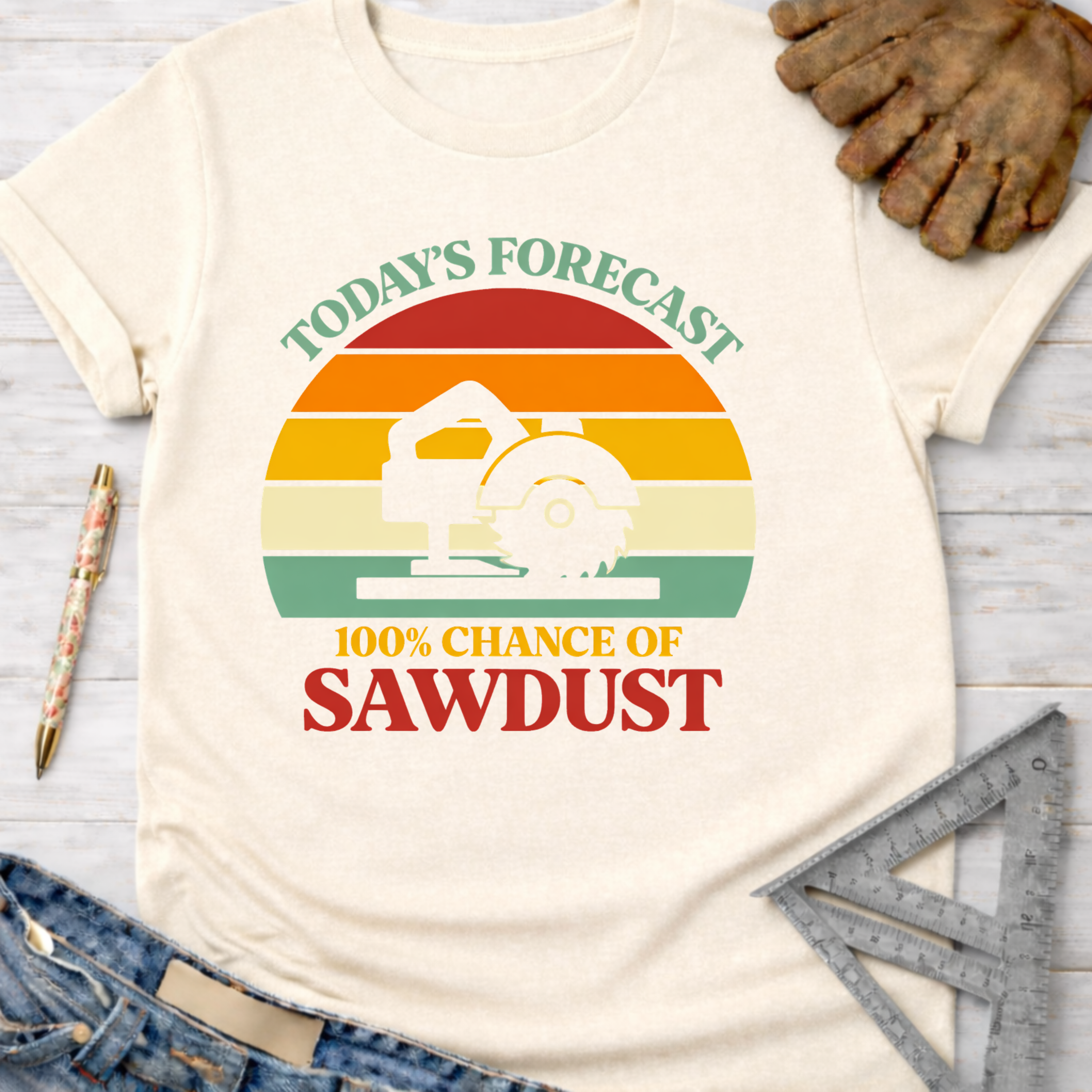 Cream t-shirt with "Today's Forecast 100% Chance Of Sawdust" graphic featuring a circular saw. Women's funny woodworking graphic tee shirt for female woodworkers, makers, and DIY builders — Sawdust & Ponytails