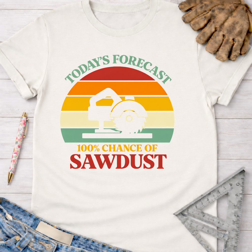 White cotton t-shirt with "Today's Forecast 100% Chance of Sawdust" graphic featuring a circular saw. Women's funny woodworking graphic tee shirt for female woodworkers, makers, and DIY builders — Sawdust & Ponytails.
