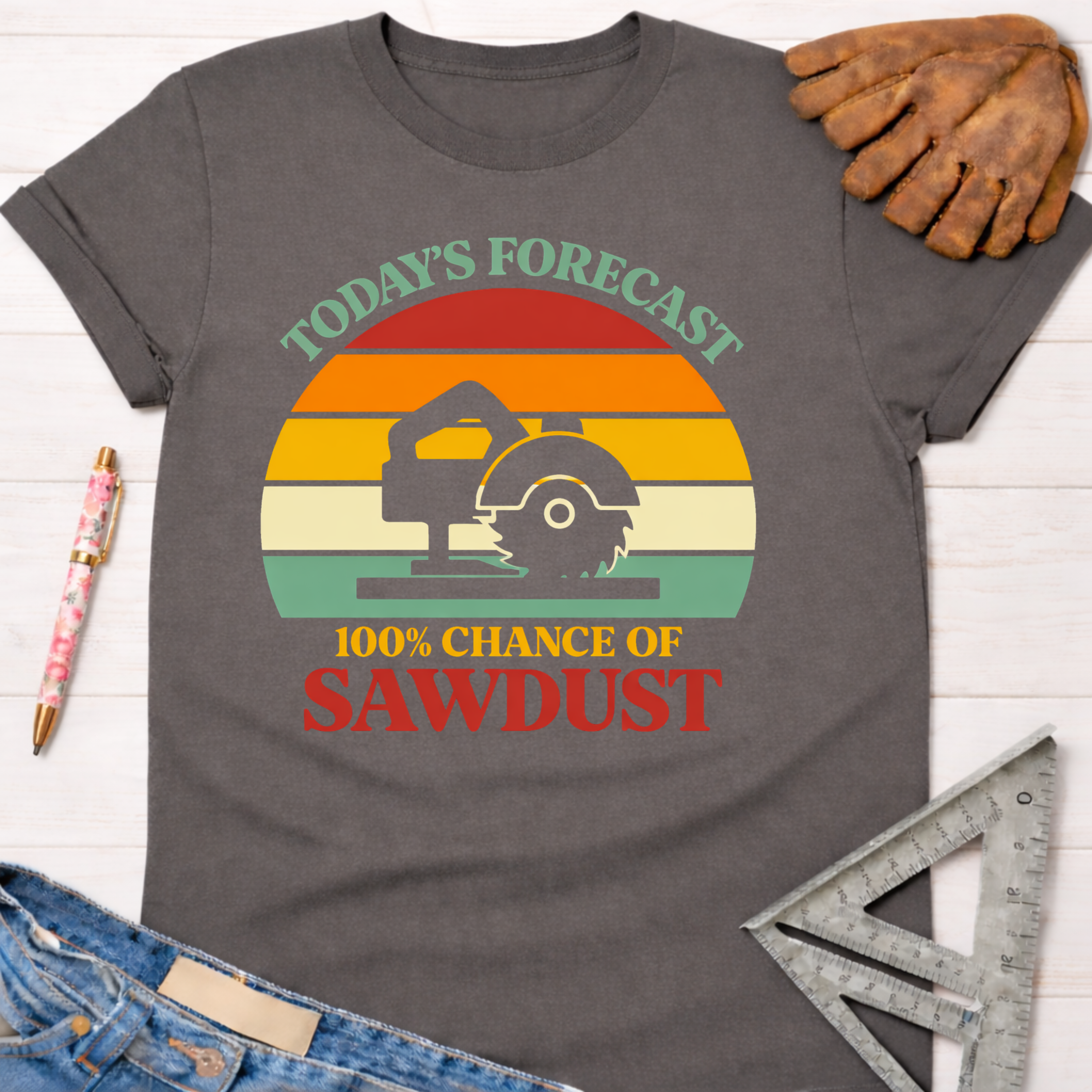 Charcoal grey women's funny woodworking graphic tee with a retro sunset and circular saw design.
