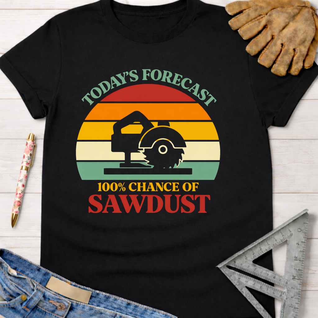 Black cotton t-shirt with "Today's Forecast 100% Chance of Sawdust" graphic and circular saw. Women's funny woodworking graphic tee shirt for female woodworkers, makers, and DIY builders — Sawdust & Ponytails.