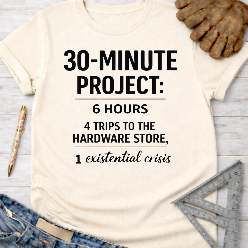 Women's funny woodworking graphic tee shirt for female woodworkers, makers, and DIY builders — Sawdust & Ponytails. Cream t-shirt with "30-MINUTE PROJECT: 6 HOURS, 4 TRIPS TO THE HARDWARE STORE, 1 existential crisis" text.