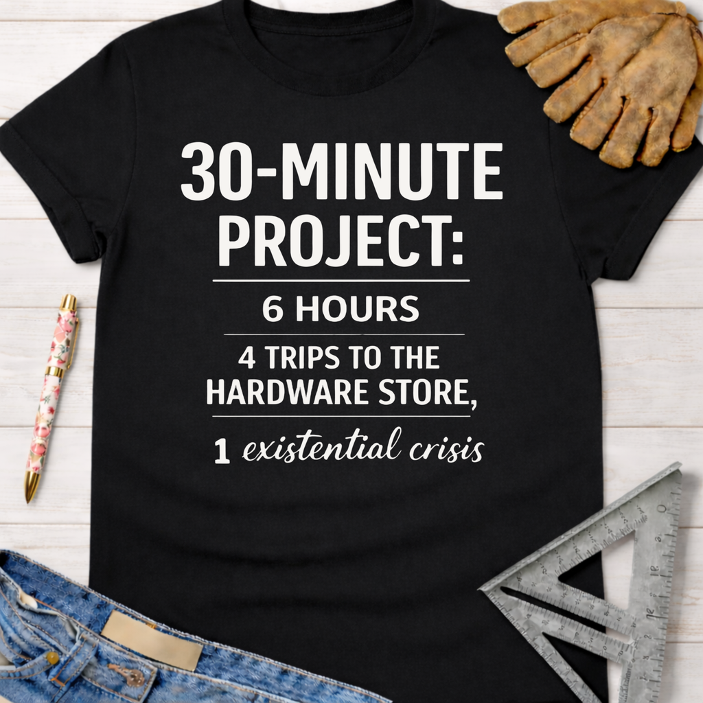 Women's funny black cotton "30-Minute Project" graphic tee for woodworkers, makers, and DIY builders — Sawdust & Ponytails