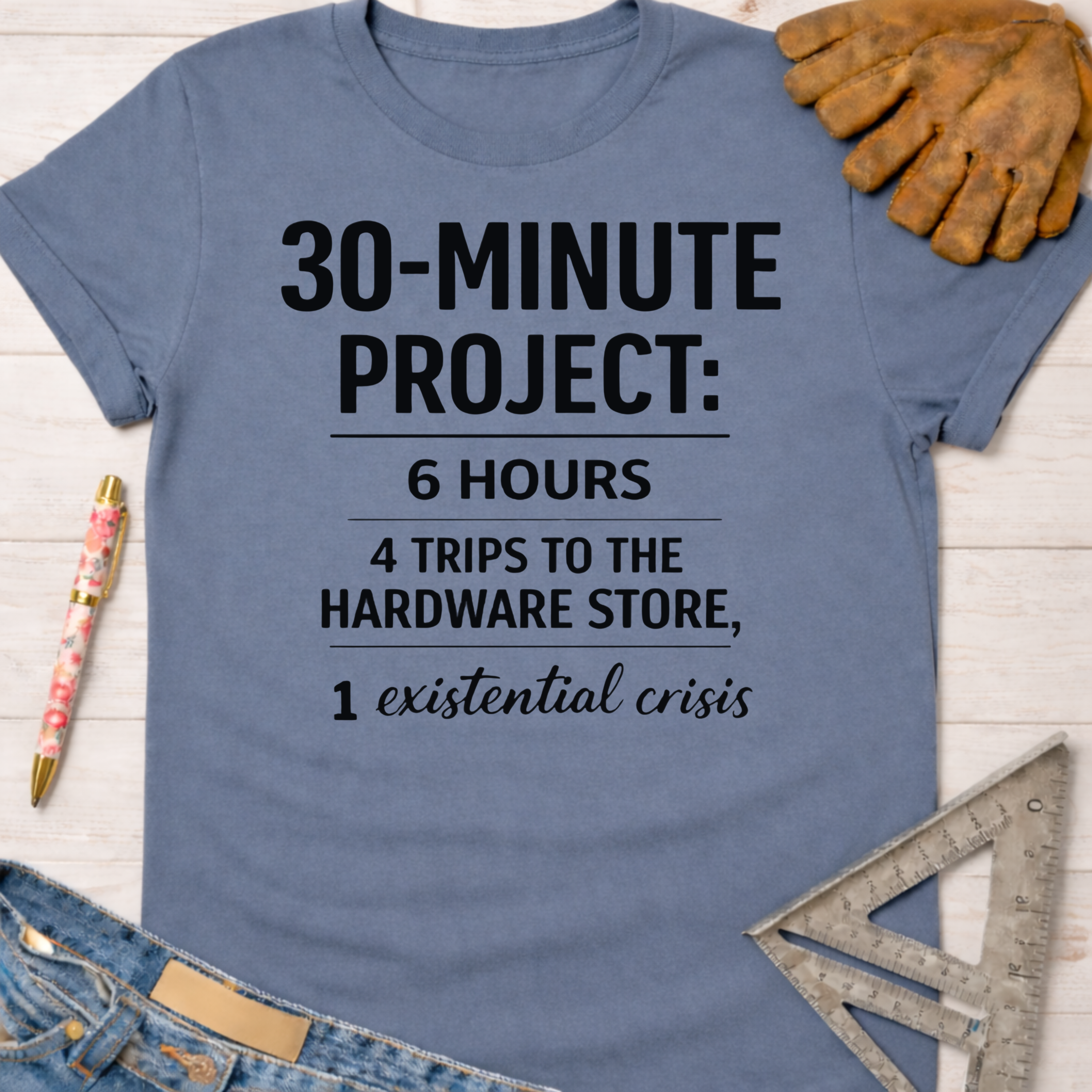 Women's funny woodworking graphic tee shirt for female woodworkers, makers, and DIY builders — Sawdust & Ponytails. Blue cotton t-shirt with "30-MINUTE PROJECT: 6 HOURS, 4 TRIPS TO THE HARDWARE STORE, 1 existential crisis" in black text.