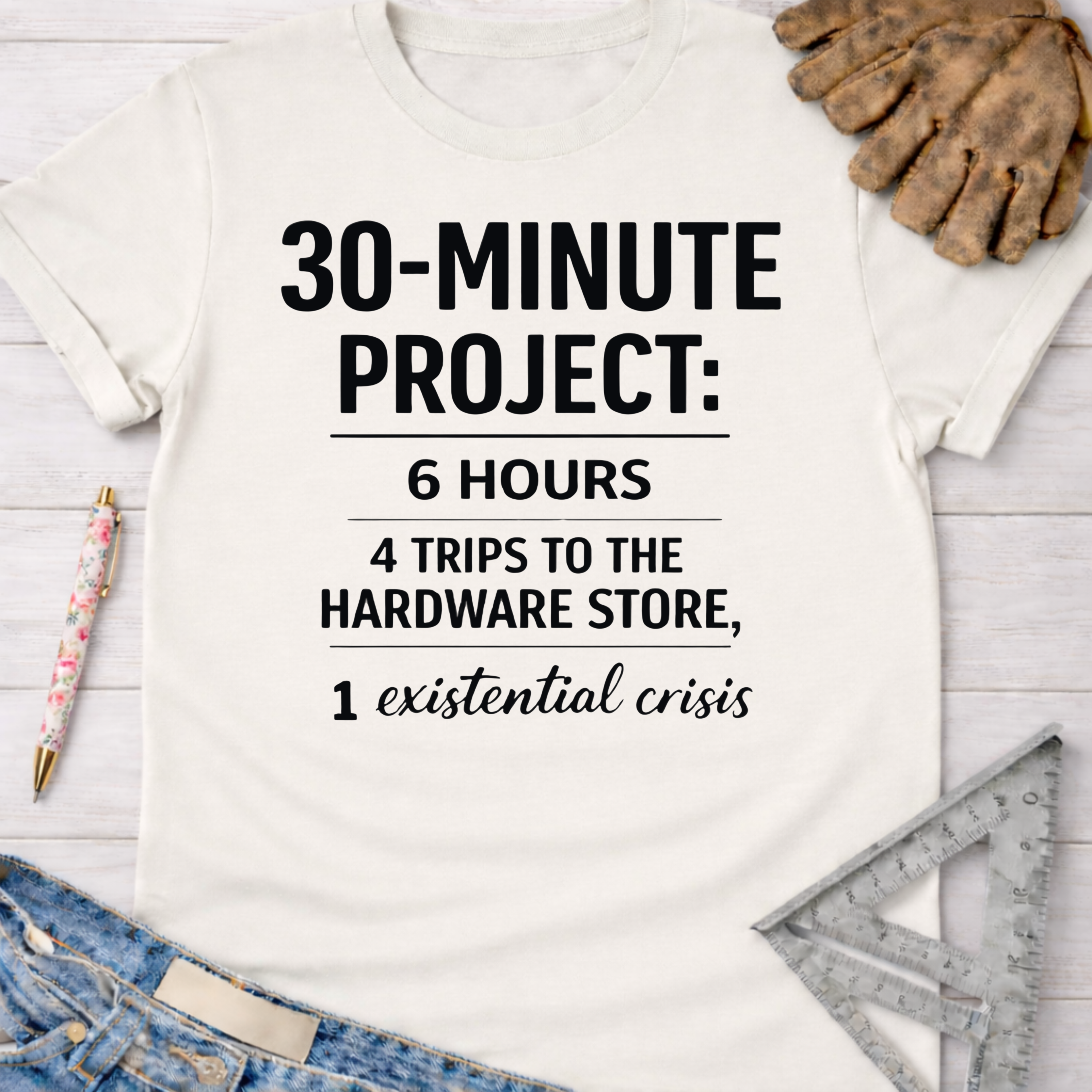 Women's funny woodworking graphic tee shirt for female woodworkers, makers, and DIY builders — Sawdust & Ponytails. White cotton tee with "30-MINUTE PROJECT: 6 HOURS, 4 TRIPS TO THE HARDWARE STORE, 1 existential crisis" text.