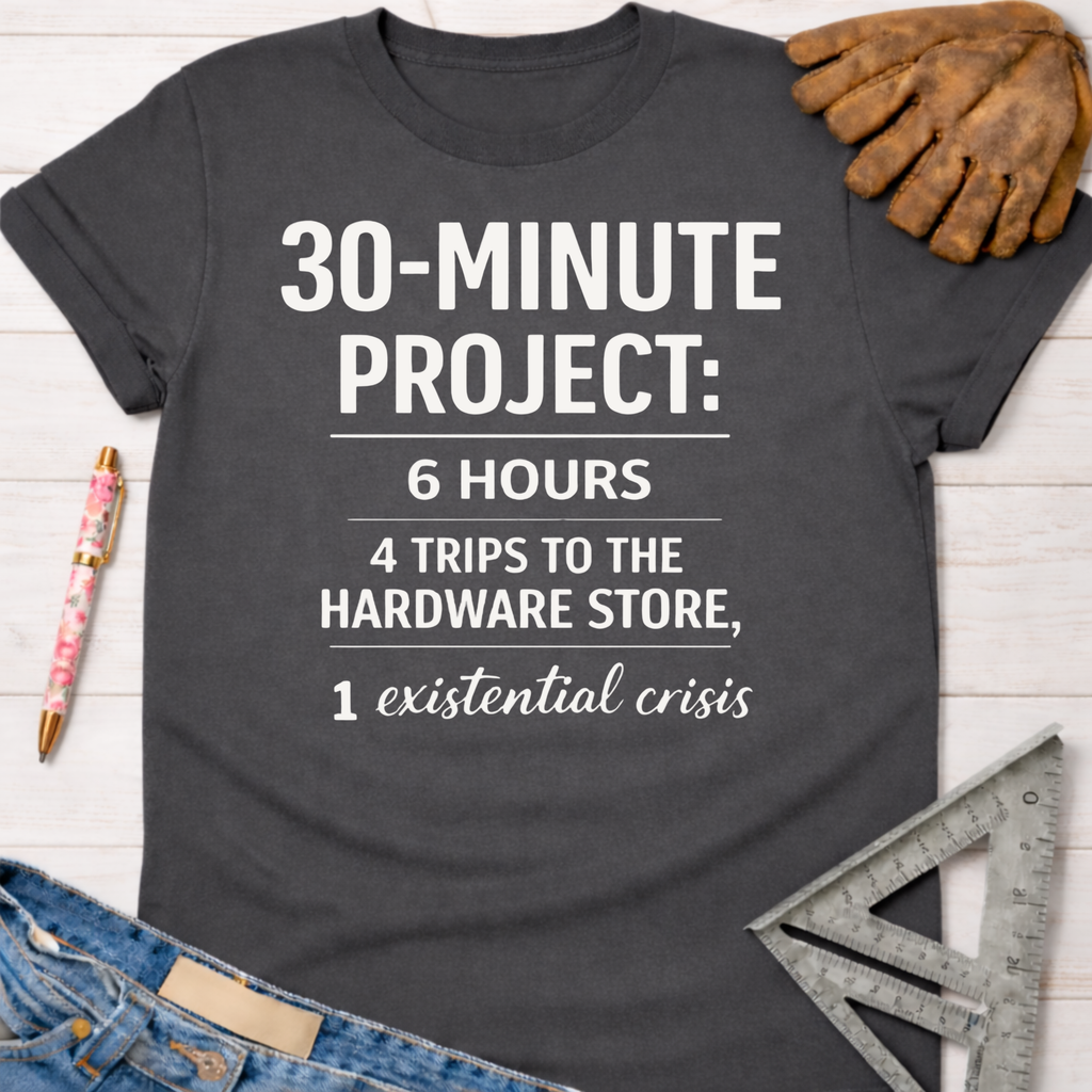 Women's funny woodworking graphic tee shirt for female woodworkers, makers, and DIY builders — Sawdust & Ponytails. Dark gray cotton t-shirt with "30-MINUTE PROJECT: 6 HOURS, 4 TRIPS TO THE HARDWARE STORE, 1 existential crisis" in white text.