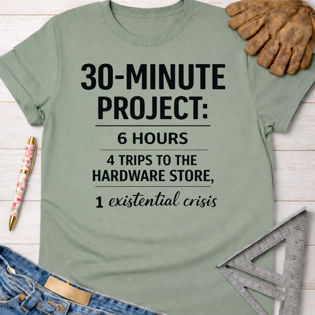 Women's funny woodworking graphic tee shirt for female woodworkers, makers, and DIY builders — Sawdust & Ponytails. Sage green cotton tee with "30-MINUTE PROJECT: 6 HOURS, 4 TRIPS TO THE HARDWARE STORE, 1 existential crisis" text.