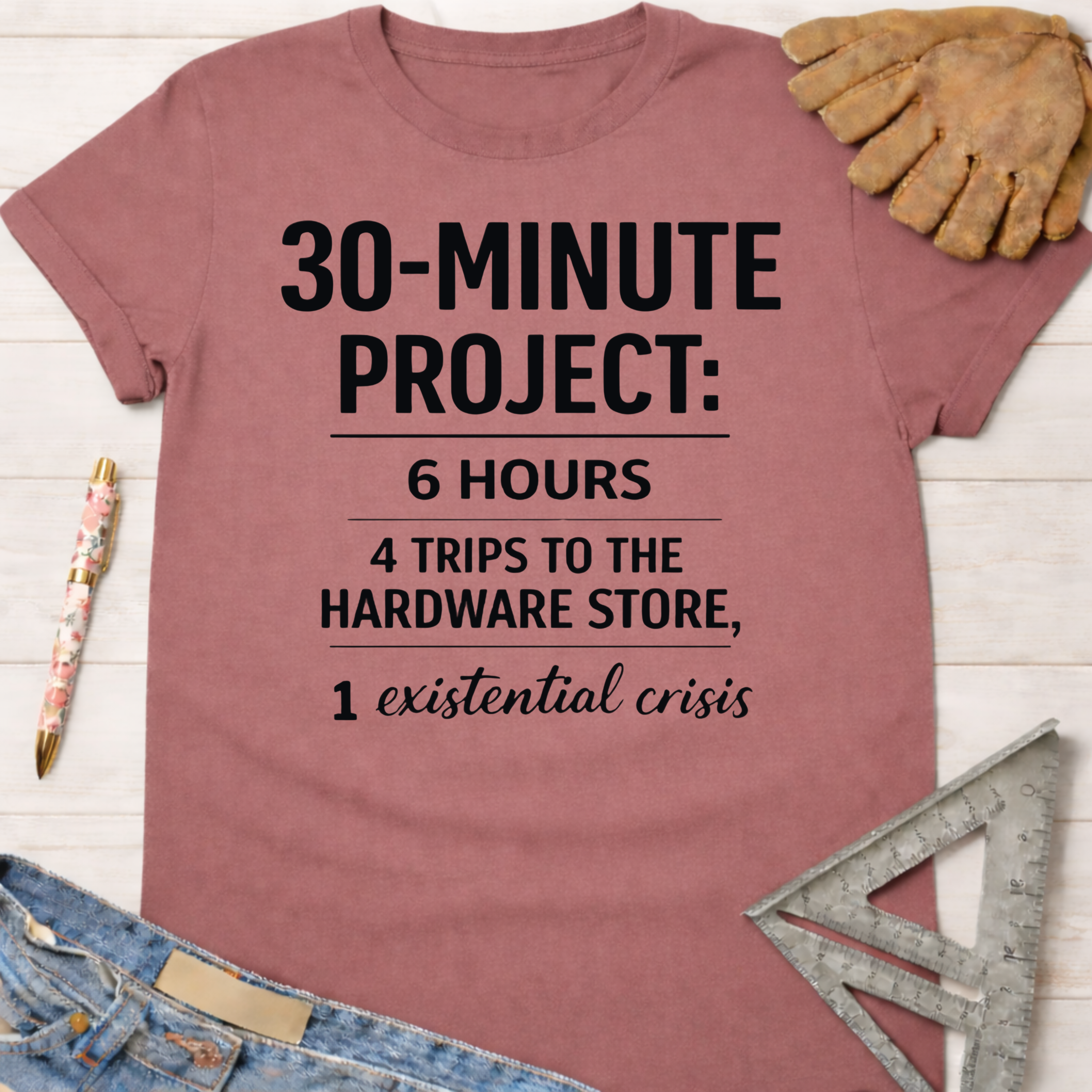 Women's funny woodworking graphic tee shirt for female woodworkers, makers, and DIY builders — Sawdust & Ponytails. Mauve cotton t-shirt with "30-MINUTE PROJECT: 6 HOURS, 4 TRIPS TO THE HARDWARE STORE, 1 existential crisis" text.