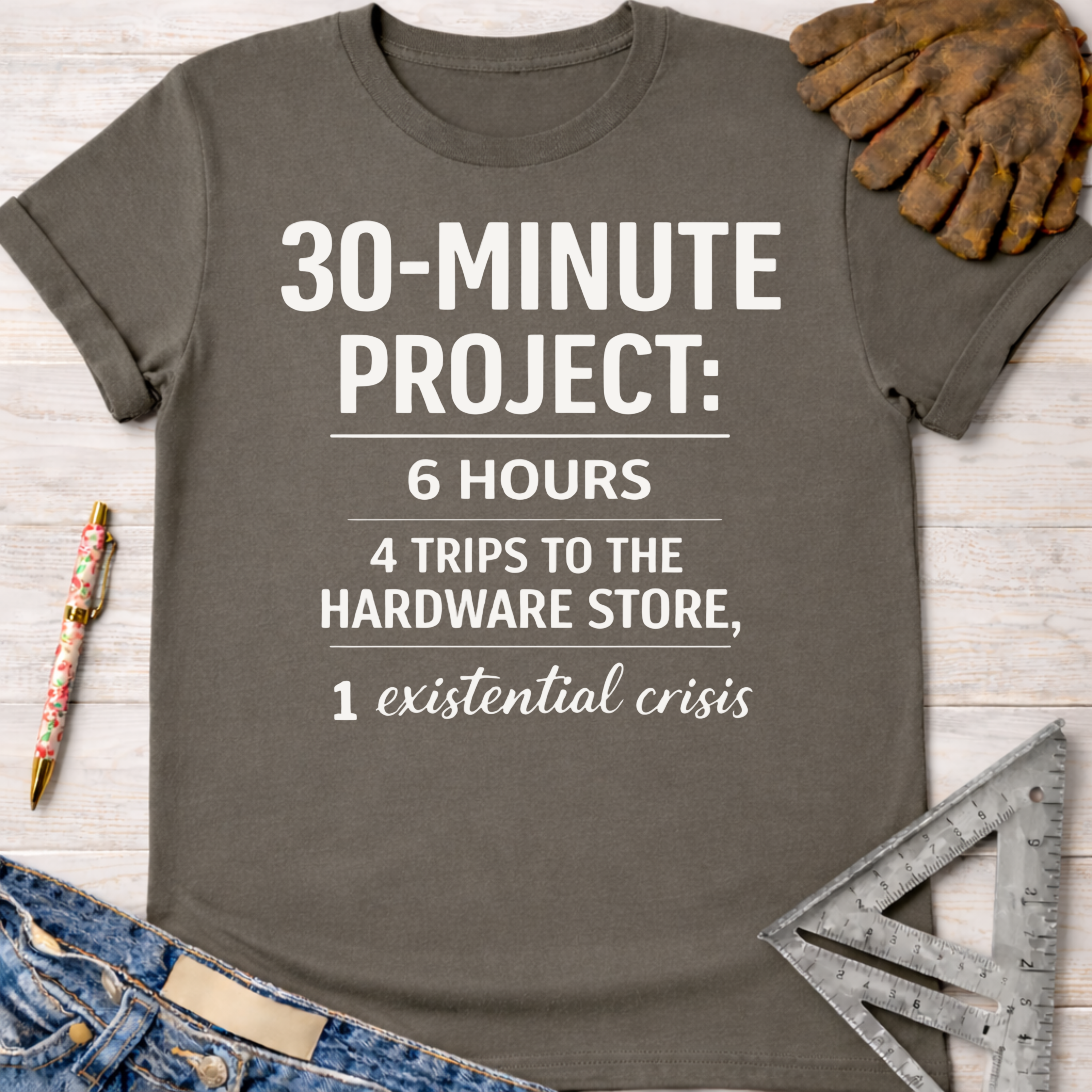 Women's funny woodworking graphic tee shirt for female woodworkers, makers, and DIY builders — Sawdust & Ponytails. Dark gray cotton tee with "30-MINUTE PROJECT: 6 HOURS, 4 TRIPS TO THE HARDWARE STORE, 1 existential crisis" in white text.