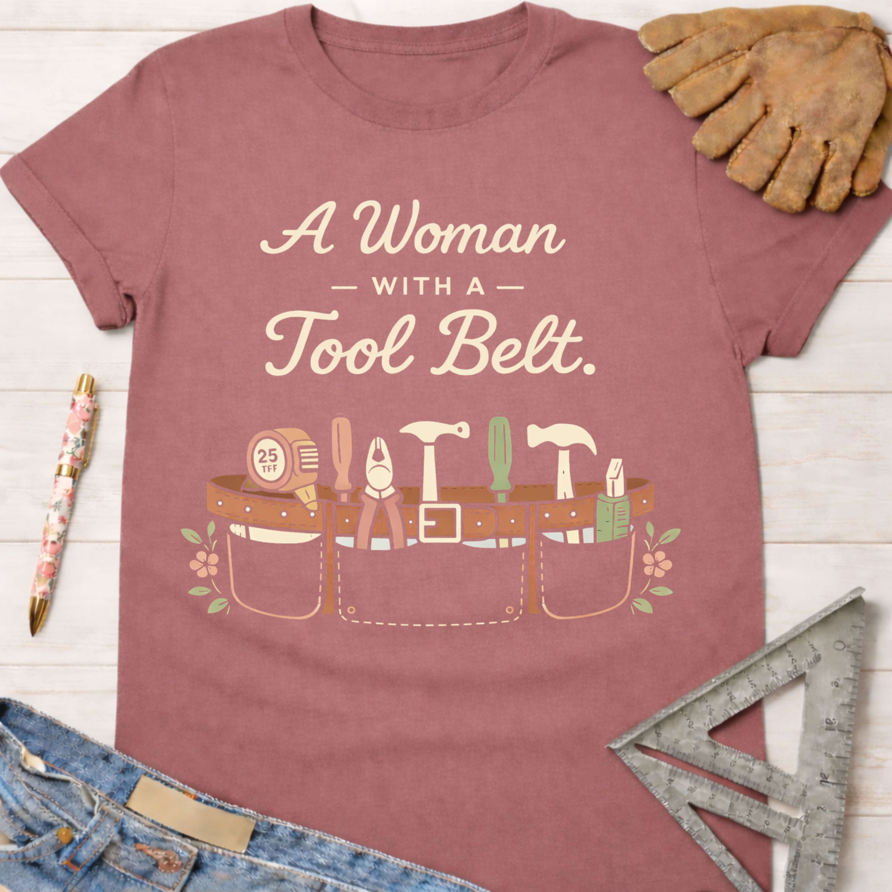 Women's funny woodworking graphic tee shirt for female woodworkers, makers, and DIY builders — Sawdust & Ponytails. Mauve cotton tee with "A Woman with a Tool Belt" text and a graphic tool belt design.