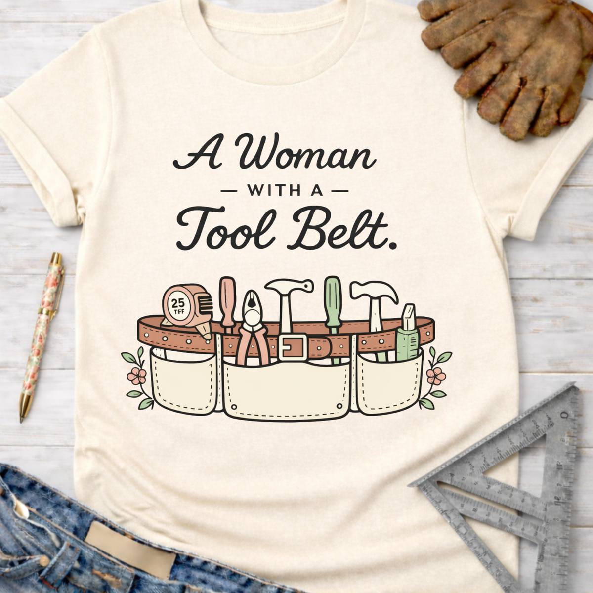 Women's funny woodworking graphic tee shirt for female woodworkers, makers, and DIY builders — Sawdust & Ponytails. Cream t-shirt with "A Woman with a Tool Belt" text and colorful tool belt graphic.