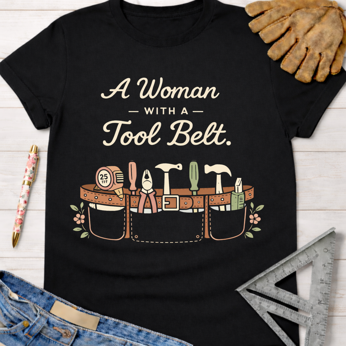 Black cotton tee with "A Woman With A Tool Belt" text and illustrated tool belt graphic. Women's funny woodworking graphic tee shirt for female woodworkers, makers, and DIY builders — Sawdust & Ponytails.