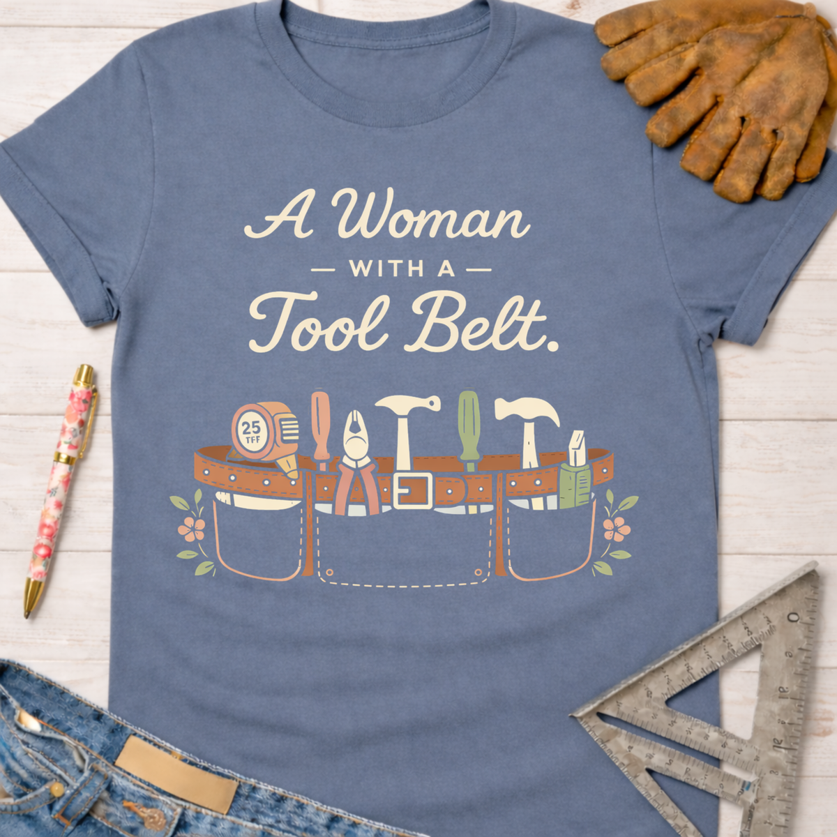 Women's funny woodworking graphic tee shirt for female woodworkers, makers, and DIY builders — Sawdust & Ponytails. Blue short-sleeve t-shirt with "A Woman with a Tool Belt" text and a graphic of a brown tool belt with various tools.