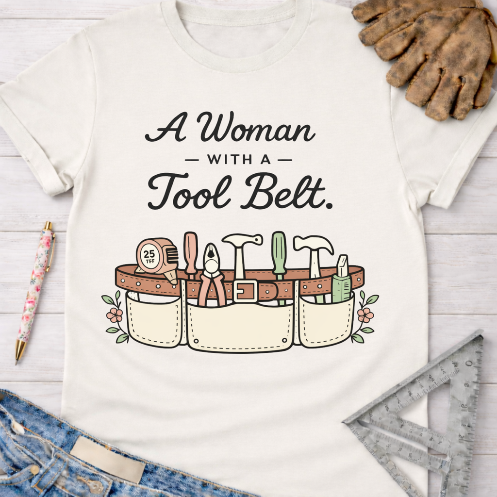Women's funny woodworking graphic tee shirt for female woodworkers, makers, and DIY builders — Sawdust & Ponytails. White cotton tee with "A Woman With A Tool Belt" text and cartoon tool belt graphic.