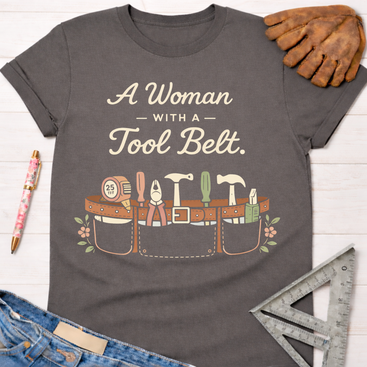 Women's funny woodworking graphic tee shirt for female woodworkers, makers, and DIY builders — Sawdust & Ponytails. Dark gray cotton tee with "A Woman With A Tool Belt" text and a graphic tool belt.