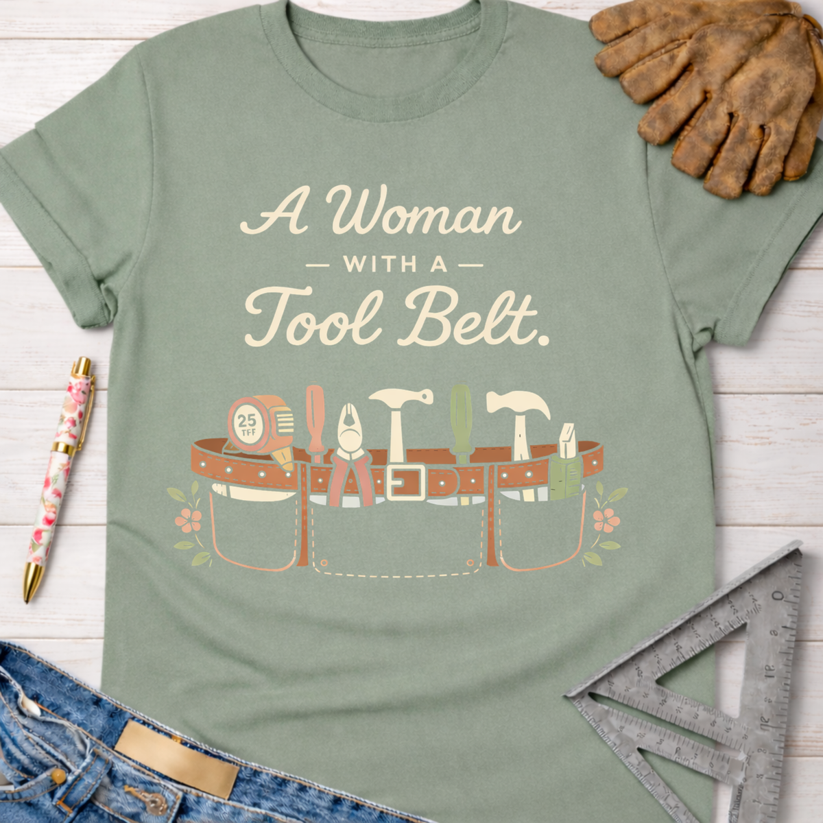Women's funny woodworking graphic tee shirt for female woodworkers, makers, and DIY builders — Sawdust & Ponytails. Sage green cotton tee with "A Woman with a Tool Belt" text and illustrated tool belt graphic.