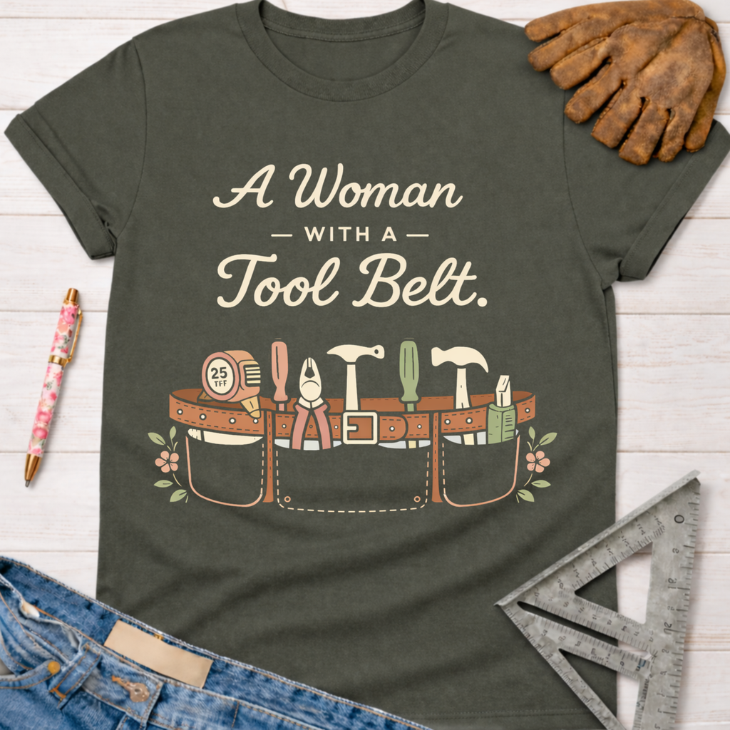 Women's funny woodworking graphic tee shirt for female woodworkers, makers, and DIY builders — Sawdust & Ponytails. Dark gray cotton tee with "A Woman With A Tool Belt" text and a graphic tool belt design.