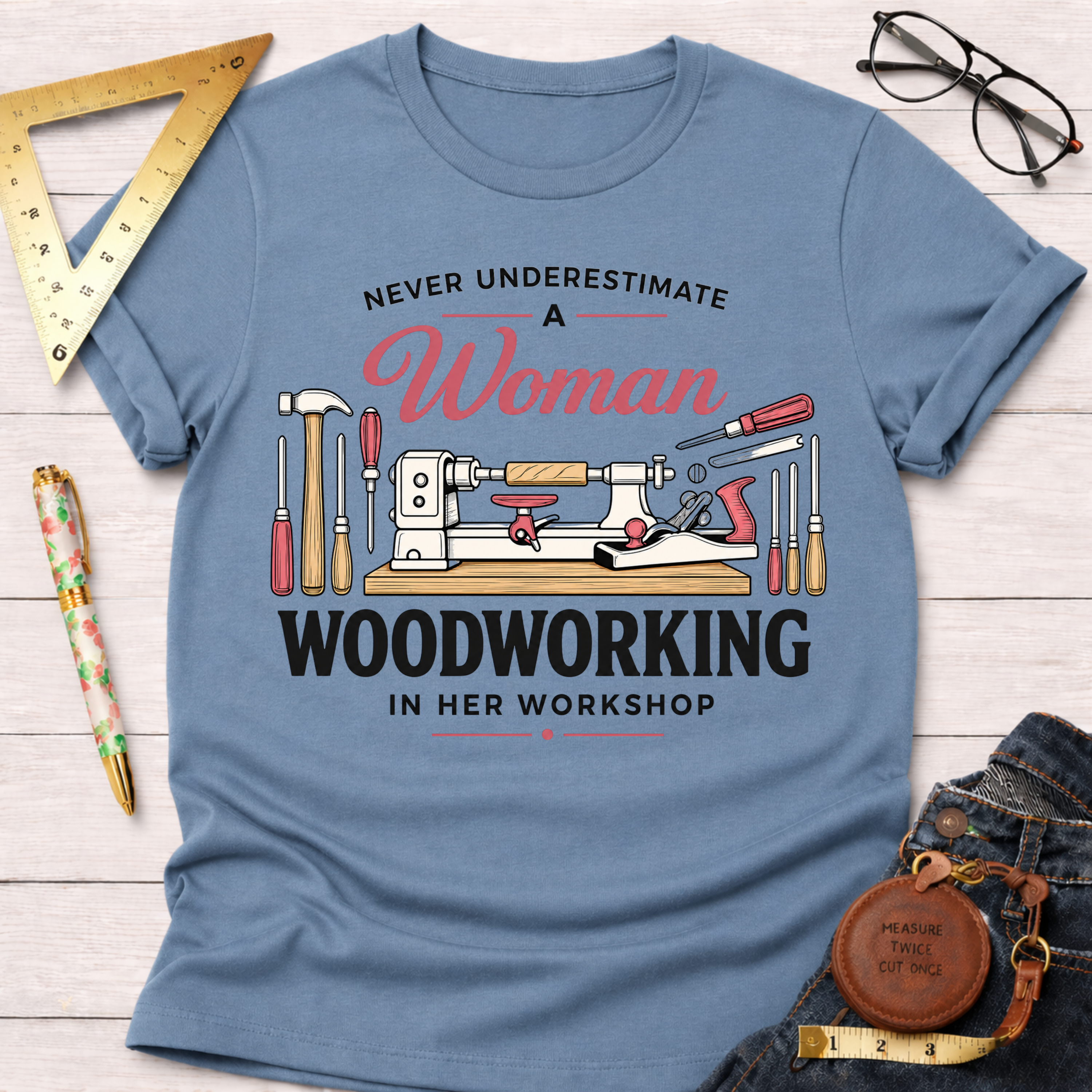 Women's funny woodworking graphic tee shirt for female woodworkers, makers, and DIY builders — Sawdust & Ponytails. Light blue cotton tee with "Never Underestimate A Woman Woodworking In Her Workshop" text and tools graphic.