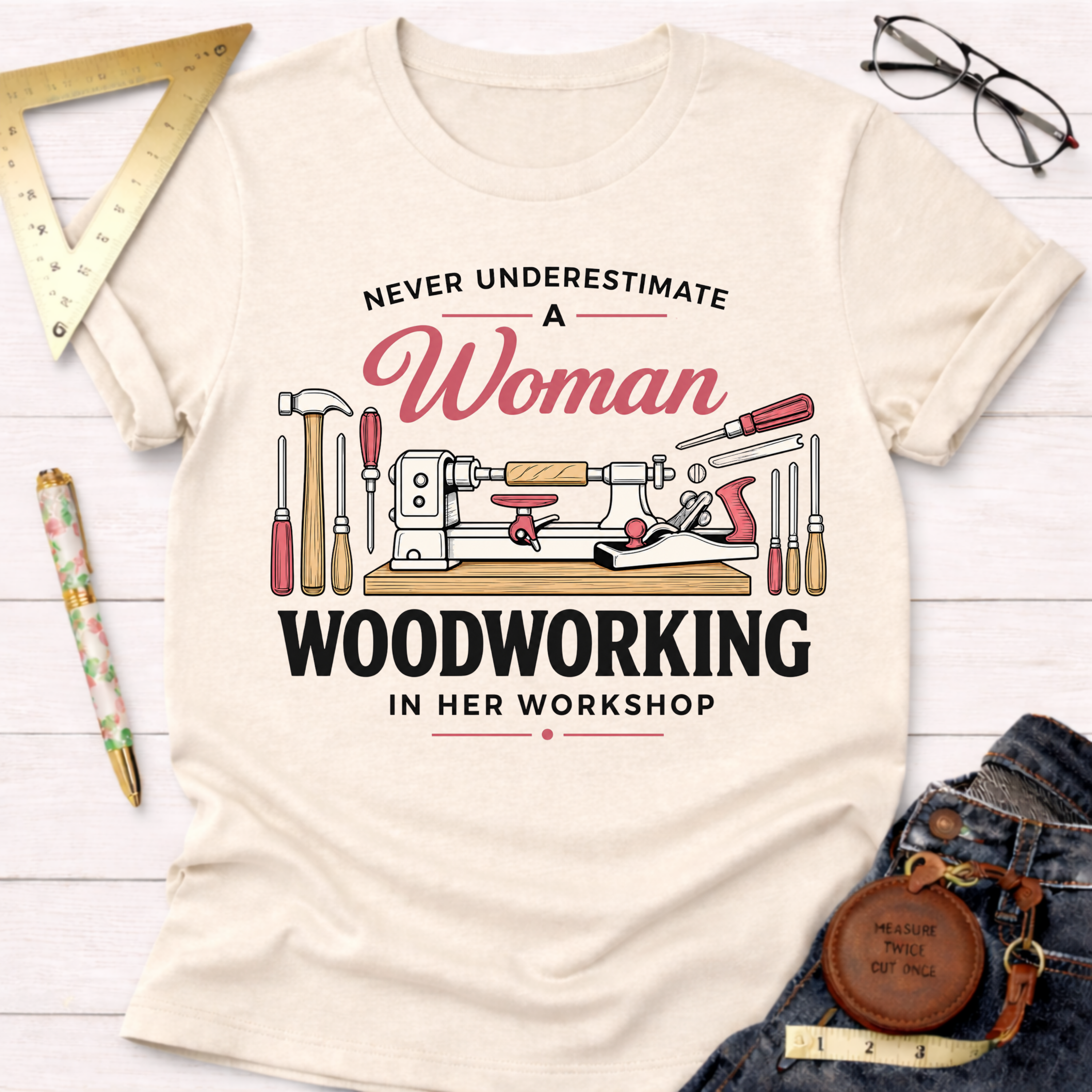 Women's funny woodworking graphic tee shirt for female woodworkers, makers, and DIY builders — Sawdust & Ponytails. Cream t-shirt with "Never Underestimate A Woman Woodworking In Her Workshop" text and tools graphic.