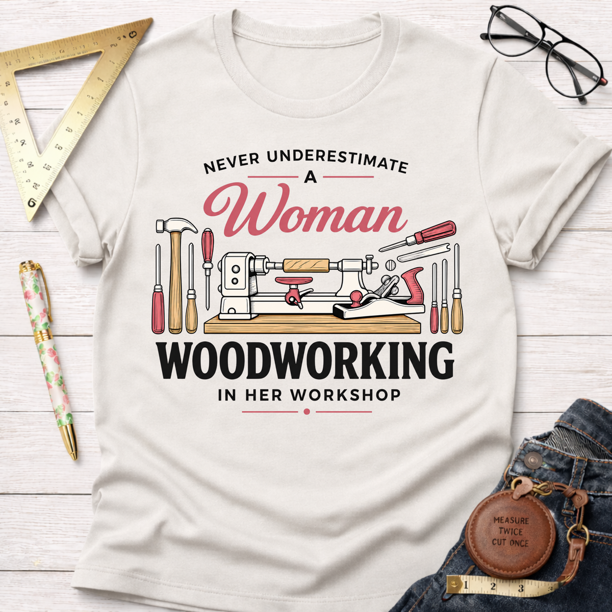 Women's funny woodworking graphic tee shirt for female woodworkers, makers, and DIY builders — Sawdust & Ponytails. White cotton tee with "Never Underestimate A Woman Woodworking In Her Workshop" text and tool graphics.
