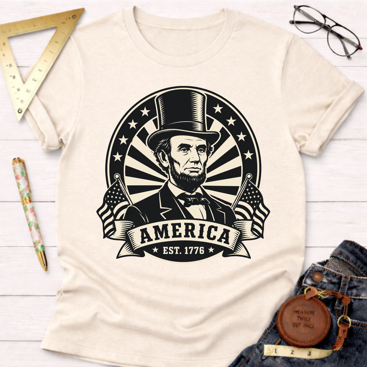 Cream cotton t-shirt with a black graphic of Abraham Lincoln, "America EST. 1776" banner, and American flags.