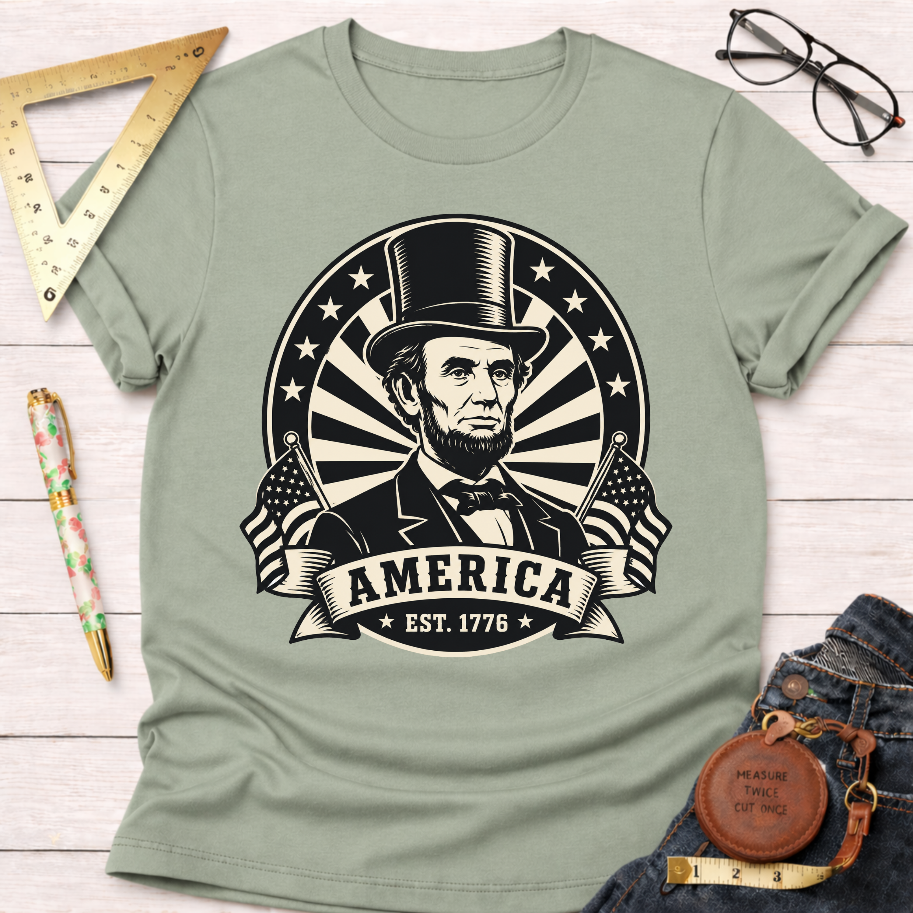 Sage green cotton t-shirt with a black and white Abraham Lincoln design, American flags, and "America EST. 1776".