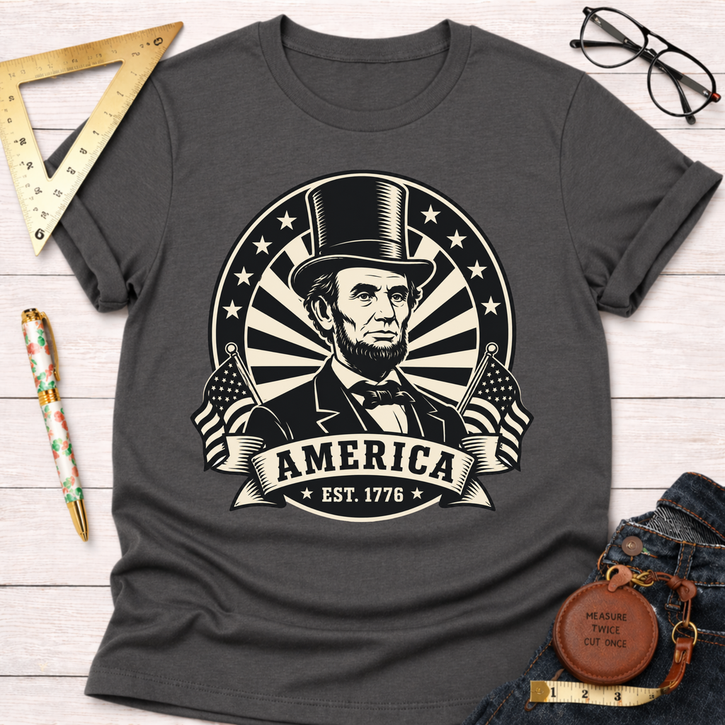 Charcoal gray Abraham Lincoln T-shirt with "America EST. 1776" design, two flags, and stars.