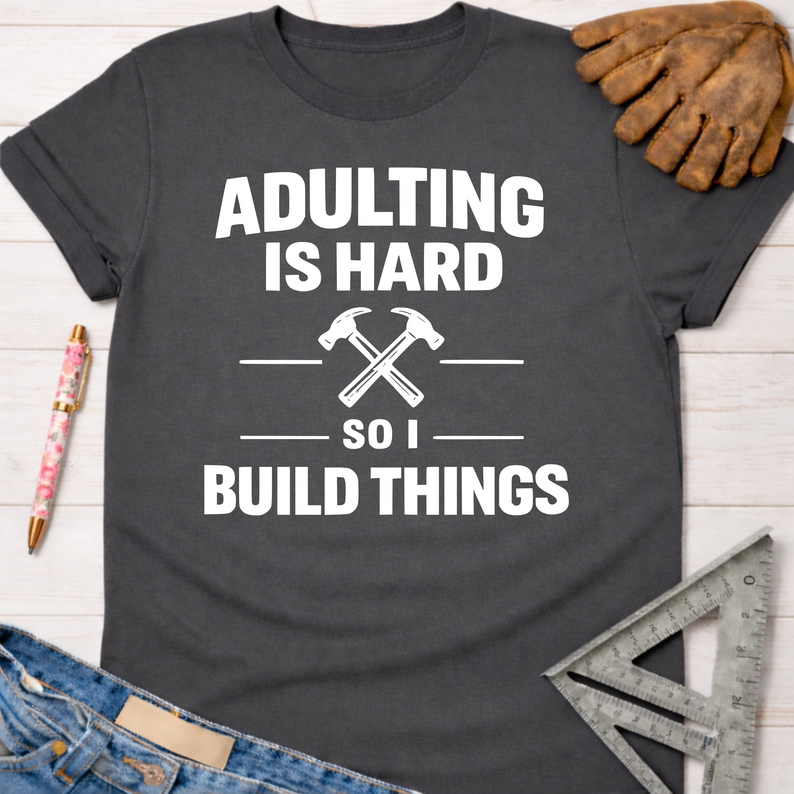 Charcoal gray women's "Adulting Is Hard So I Build Things" graphic tee with crossed hammers design.