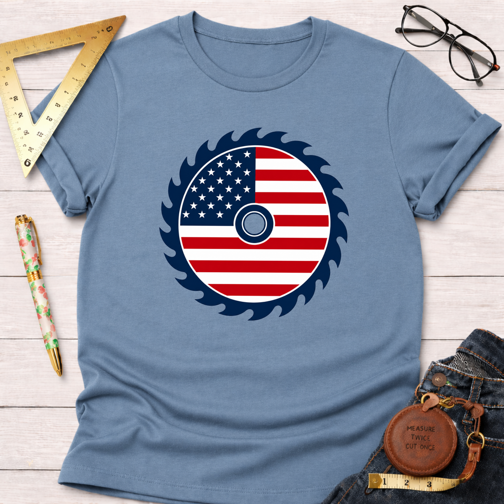Light blue cotton t-shirt with an American flag saw blade graphic, styled with jeans and tools.