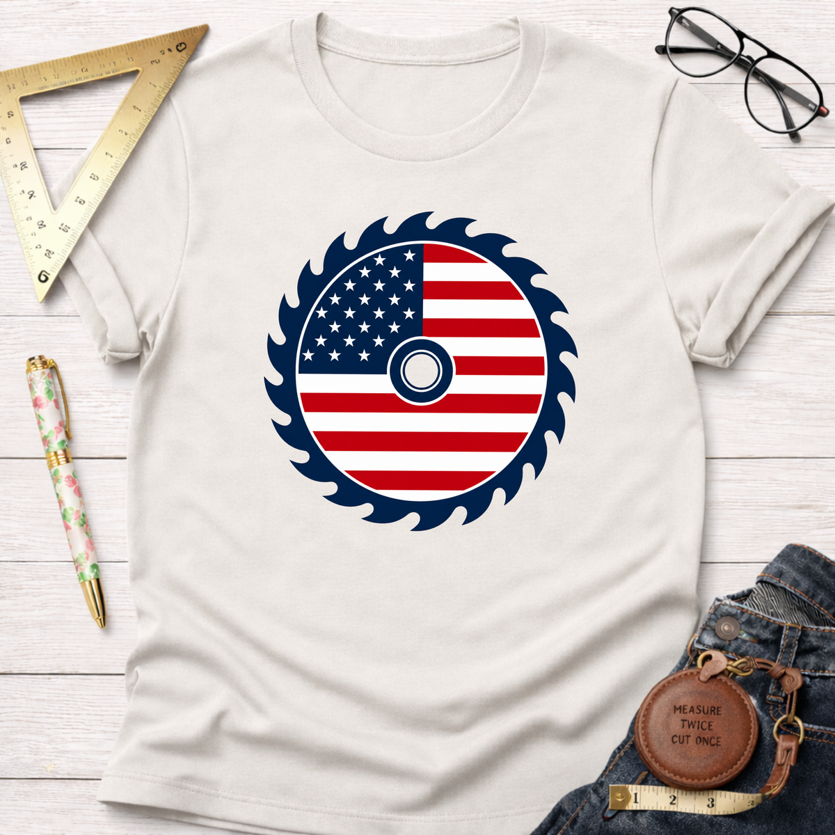 Cream t-shirt with a patriotic American flag saw blade graphic, surrounded by woodworking tools.