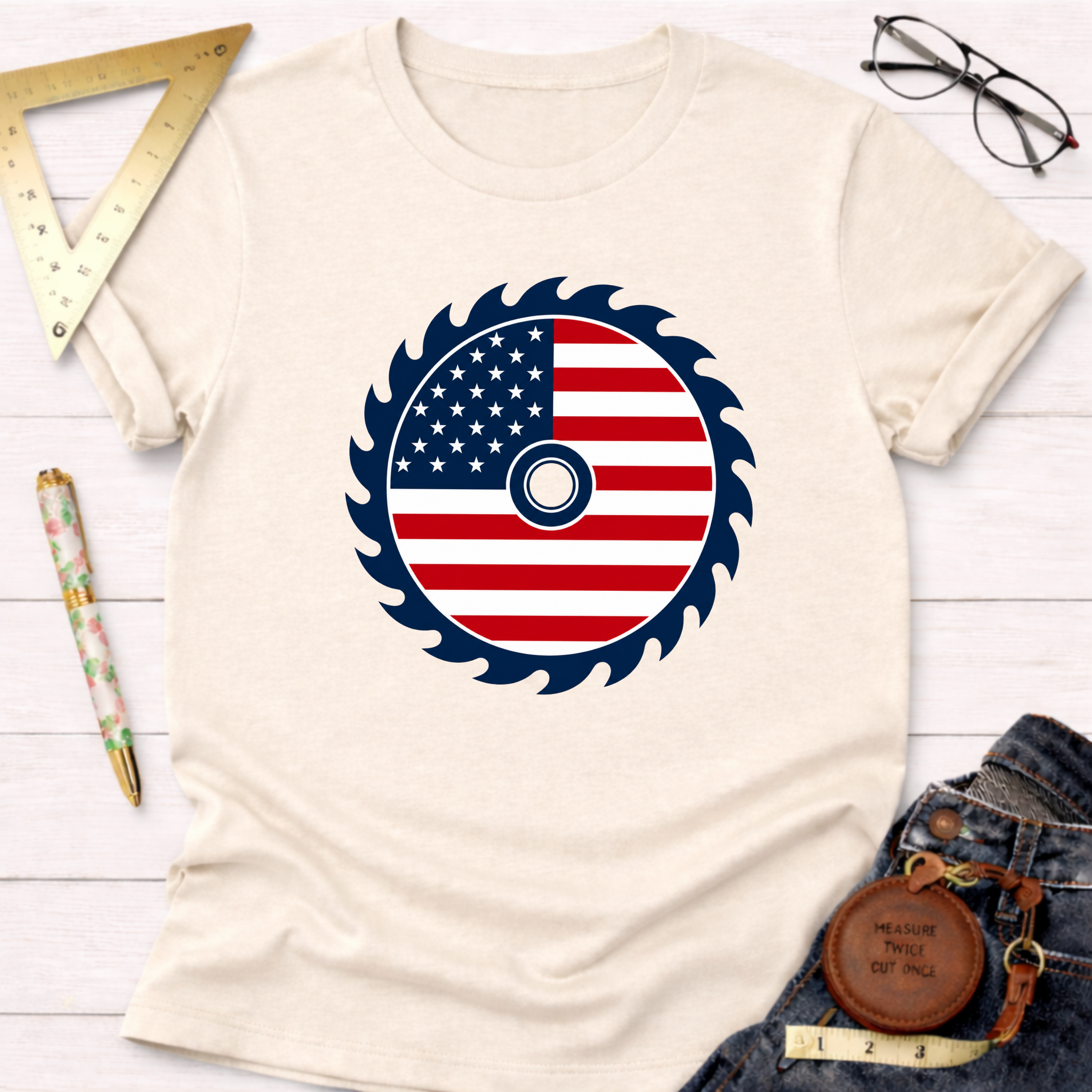 Cream t-shirt with an American flag saw blade graphic, perfect for woodworkers and DIYers.