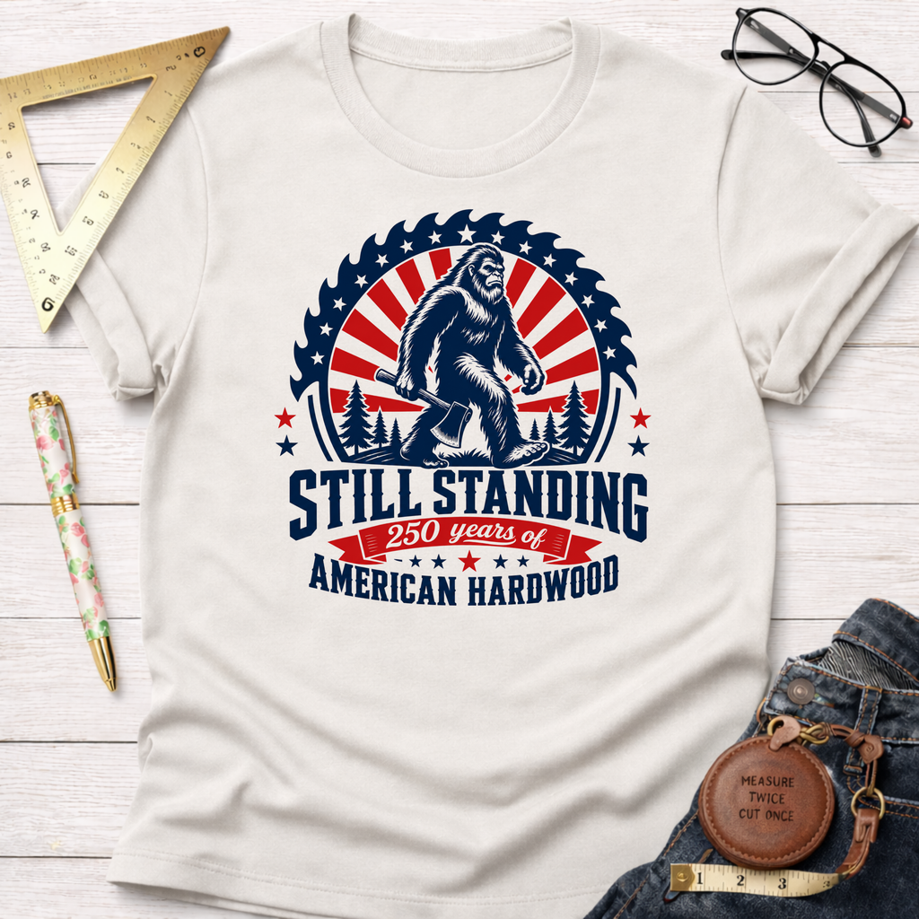 Off-white cotton "Still Standing American Hardwood" graphic tee with Bigfoot holding an axe.