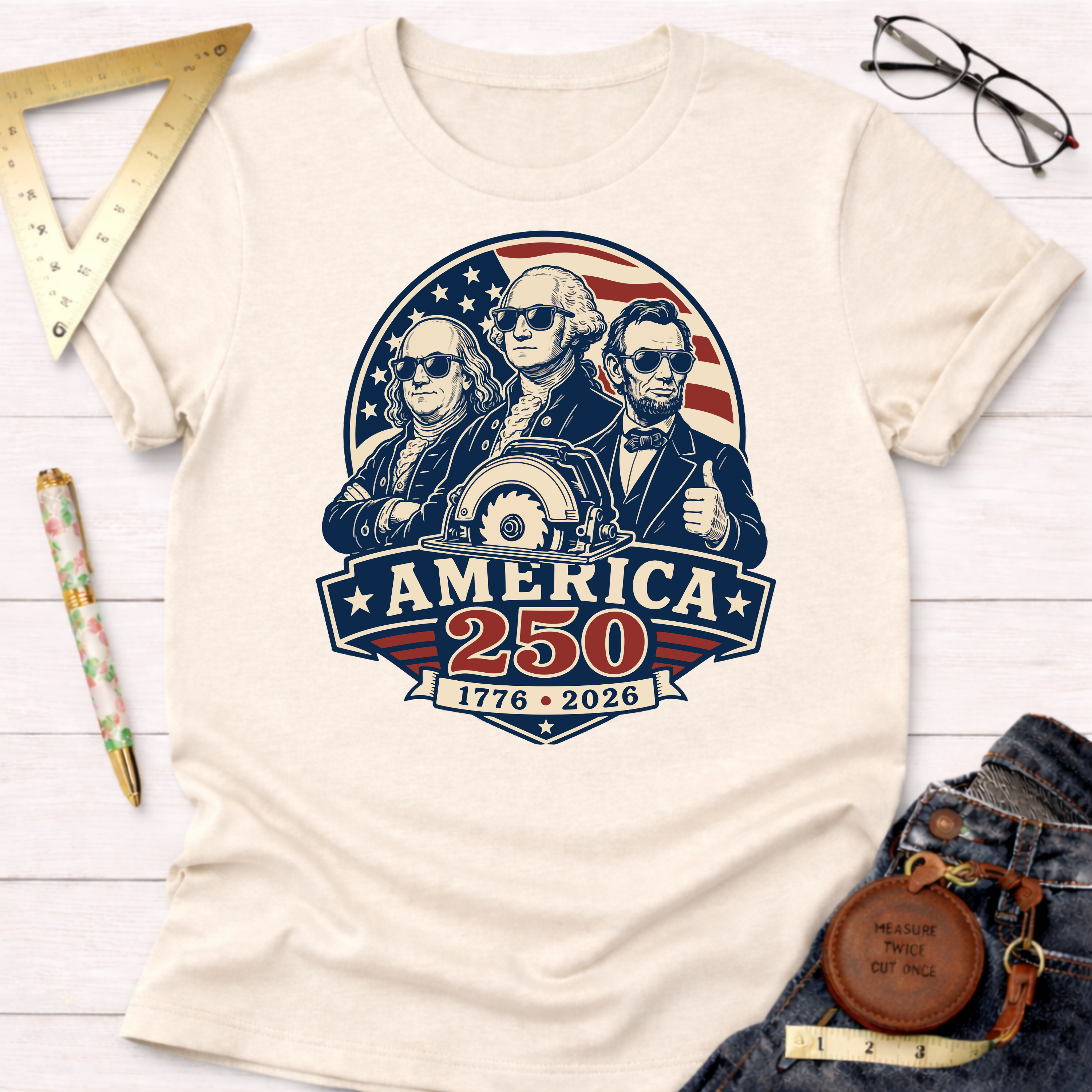 Cream cotton t-shirt with a graphic of George Washington, Thomas Jefferson, and Abraham Lincoln in sunglasses, with a circular saw and "America 250, 1776-2026" text.