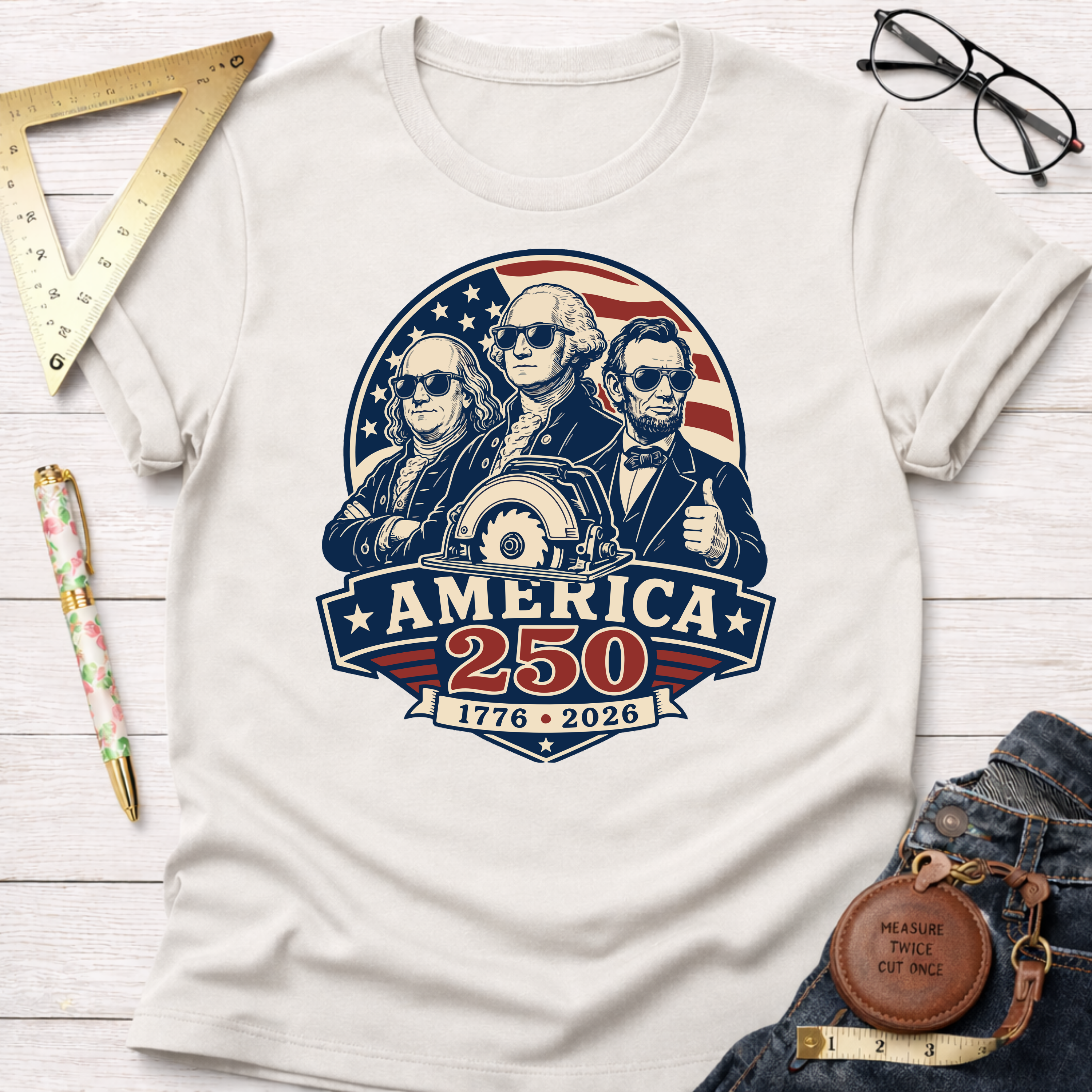 White cotton t-shirt with "America 250" graphic featuring Lincoln, Washington, and Franklin in sunglasses.