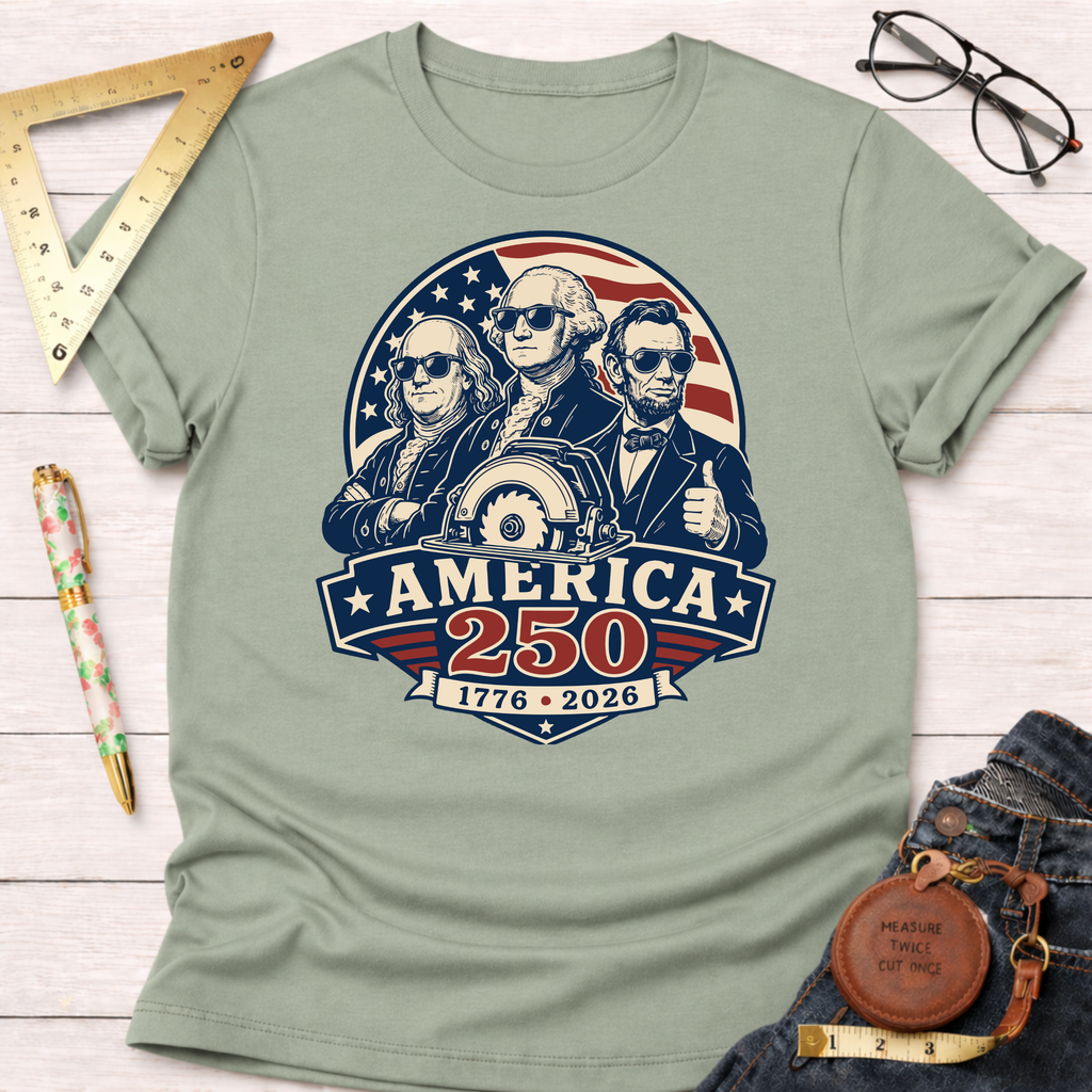 Sage green cotton t-shirt with a graphic of founding fathers in sunglasses, a saw blade, and "America 250" text.
