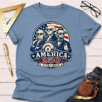 Light blue cotton t-shirt with a "America 250" graphic featuring founding fathers in sunglasses and a saw blade.