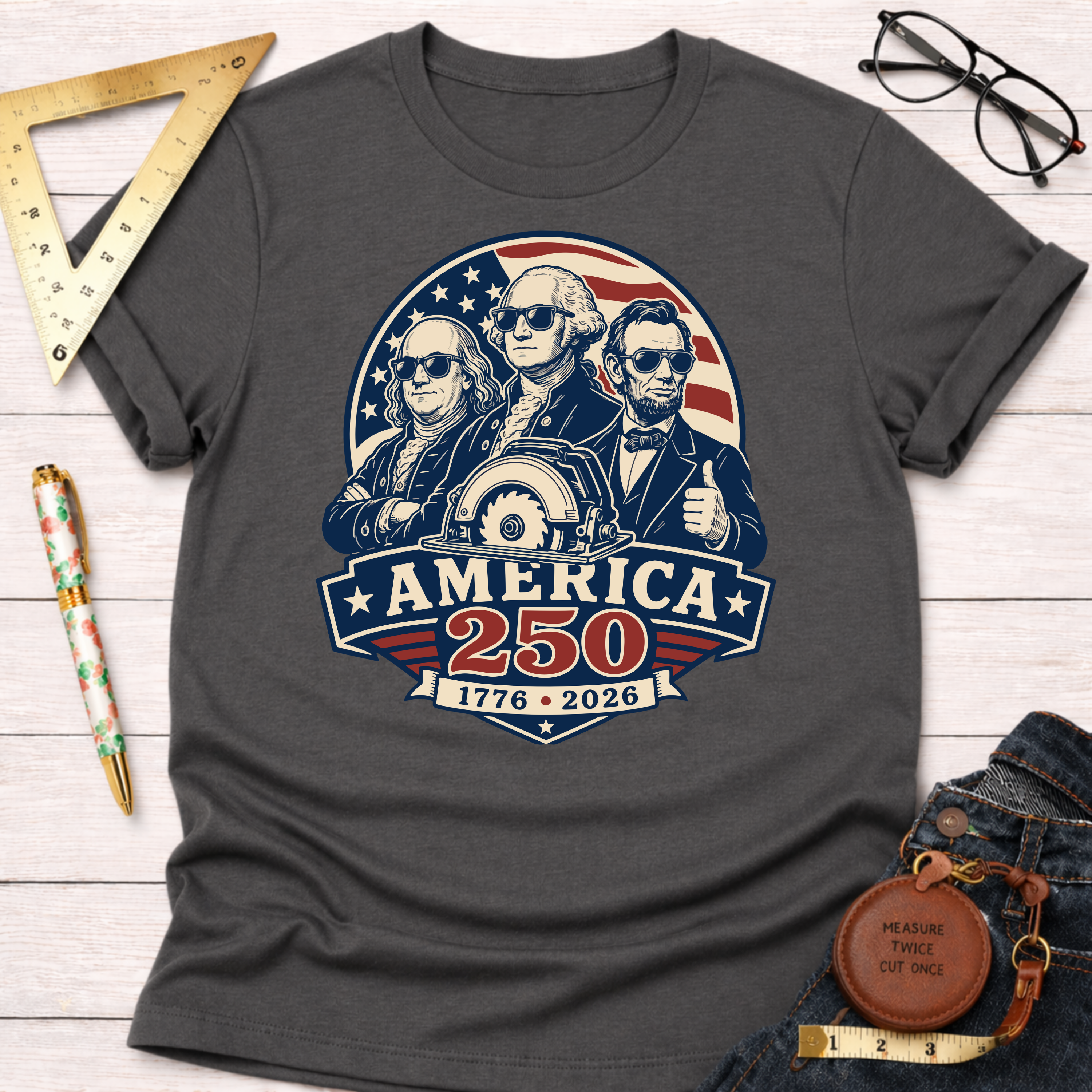 Charcoal gray cotton t-shirt with "America 250" graphic featuring founding fathers and a circular saw.