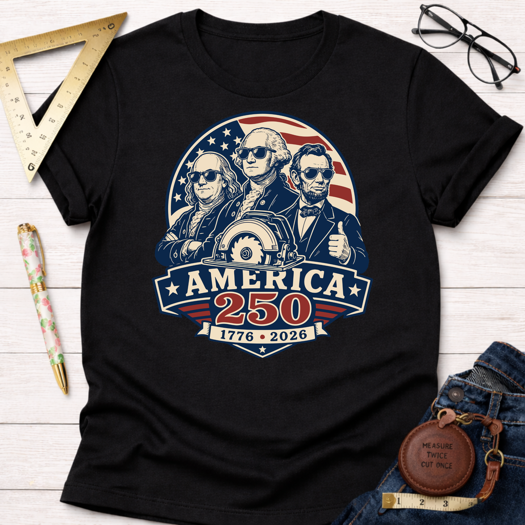 Black cotton t-shirt with a graphic of George Washington, Thomas Jefferson, and Abraham Lincoln in sunglasses, with a circular saw and "America 250 1776-2026" text.