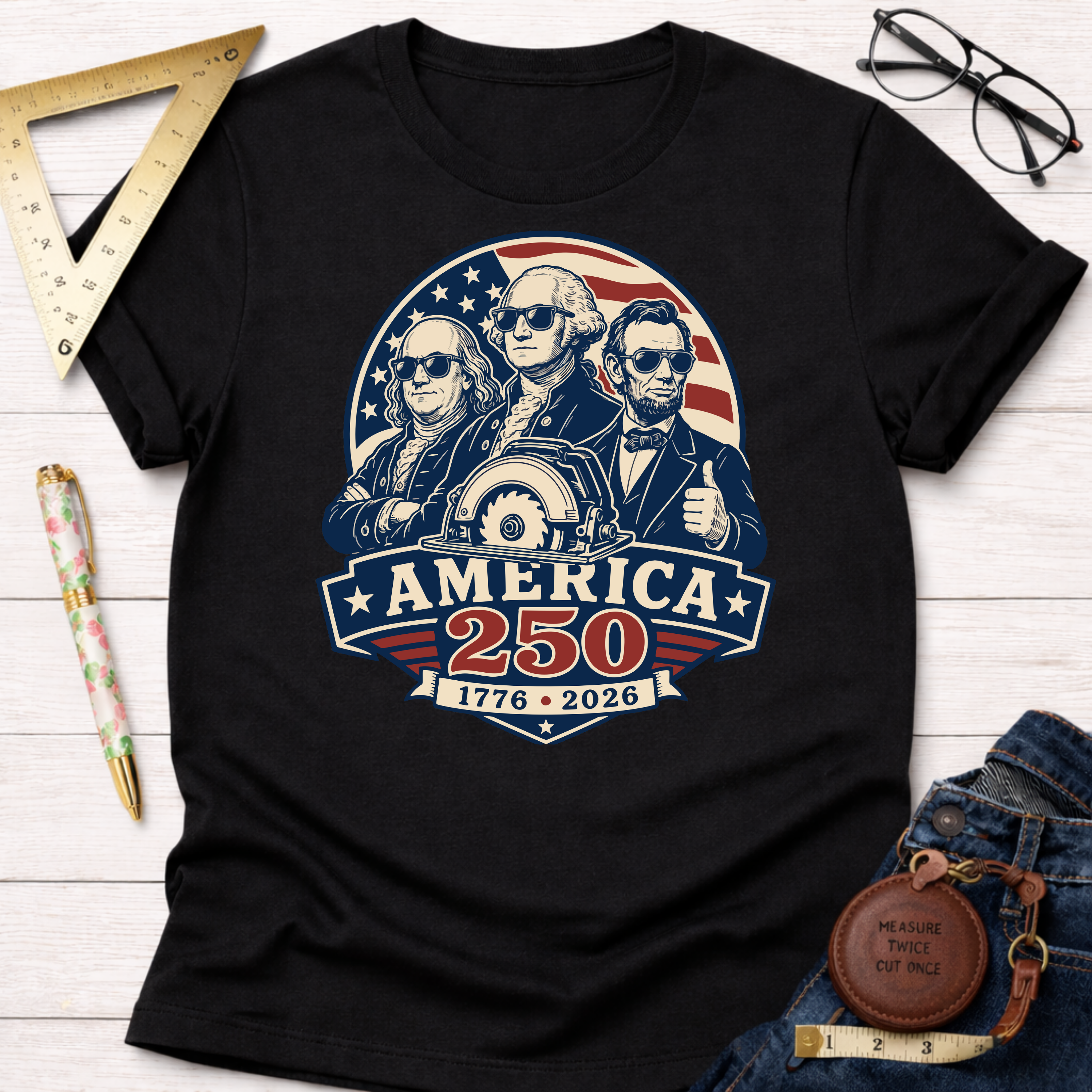 Black cotton t-shirt with a graphic of George Washington, Thomas Jefferson, and Abraham Lincoln in sunglasses, with a circular saw and "America 250 1776-2026" text.