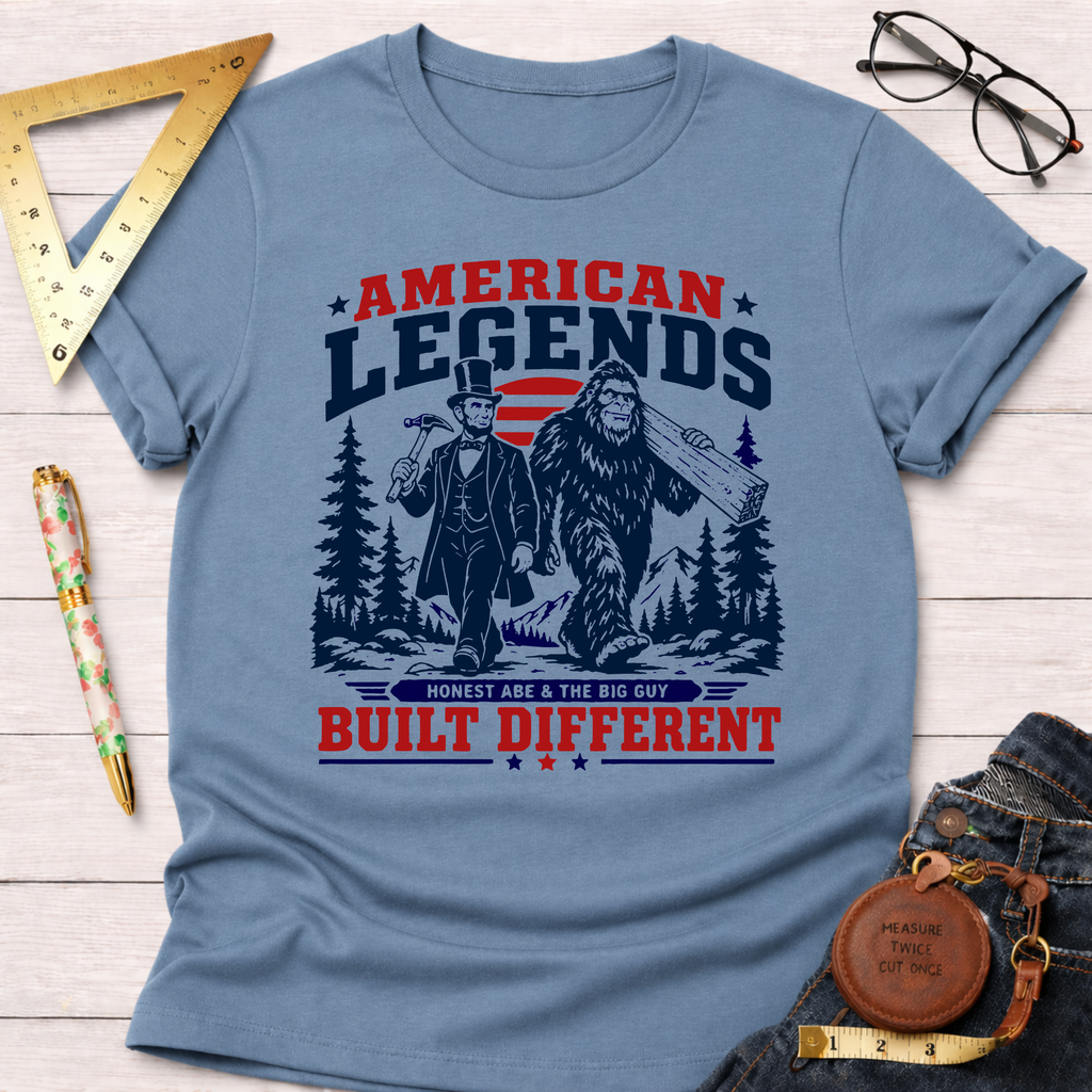 Light blue cotton t-shirt with "American Legends Built Different" graphic featuring Honest Abe and Bigfoot.
