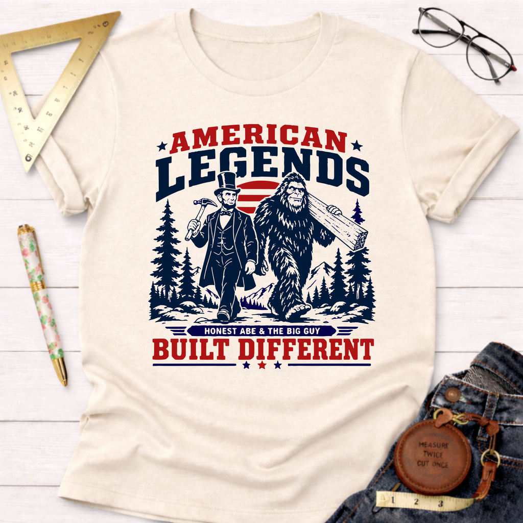 Cream cotton t-shirt with "American Legends Built Different" graphic featuring Abraham Lincoln and Bigfoot carrying wood.