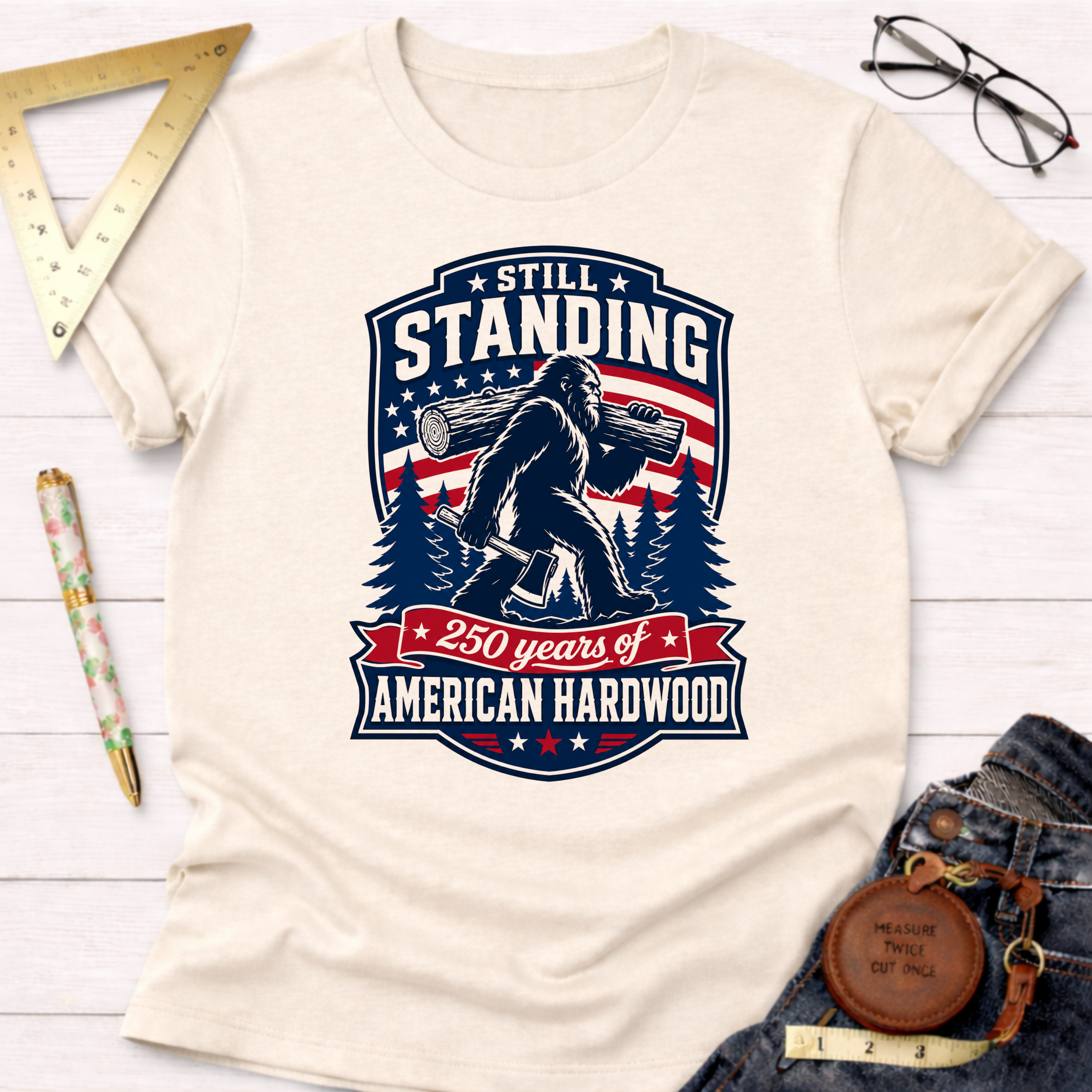 Cream cotton t-shirt with "Still Standing 250 Years of American Hardwood" graphic featuring Bigfoot carrying a log.