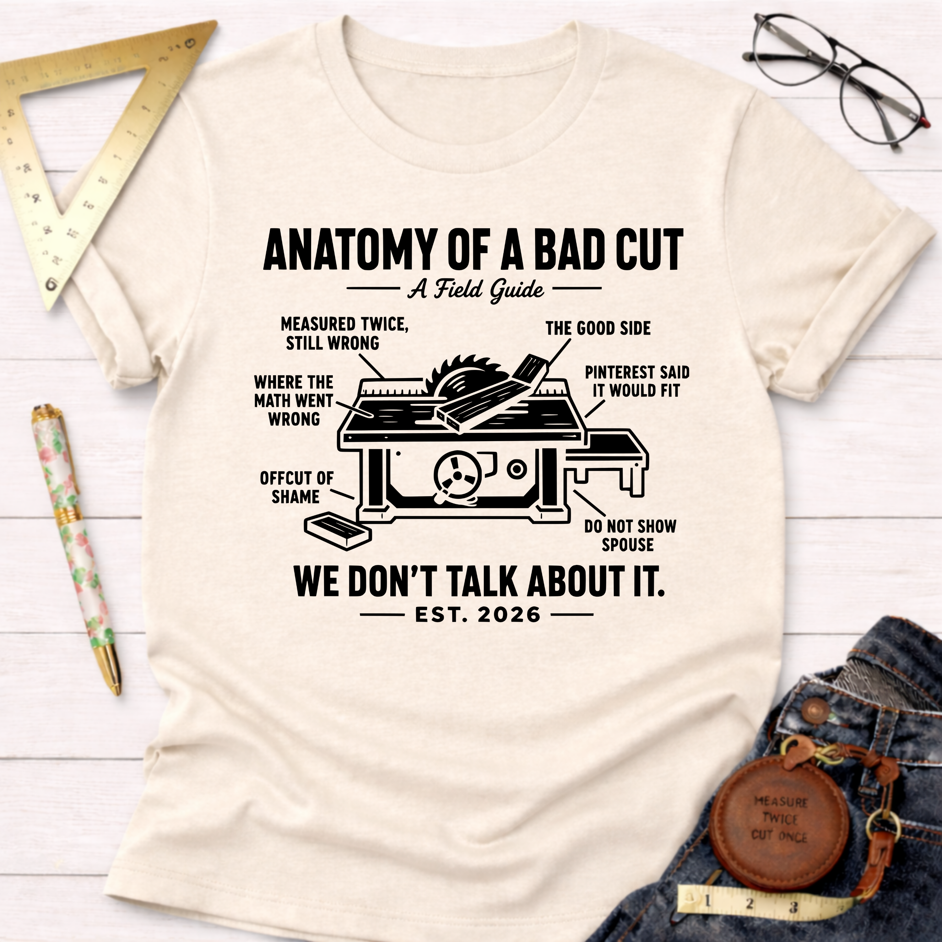 Women's funny woodworking graphic tee shirt for female woodworkers, makers, and DIY builders — Sawdust & Ponytails. Cream t-shirt with "Anatomy of a Bad Cut" graphic.