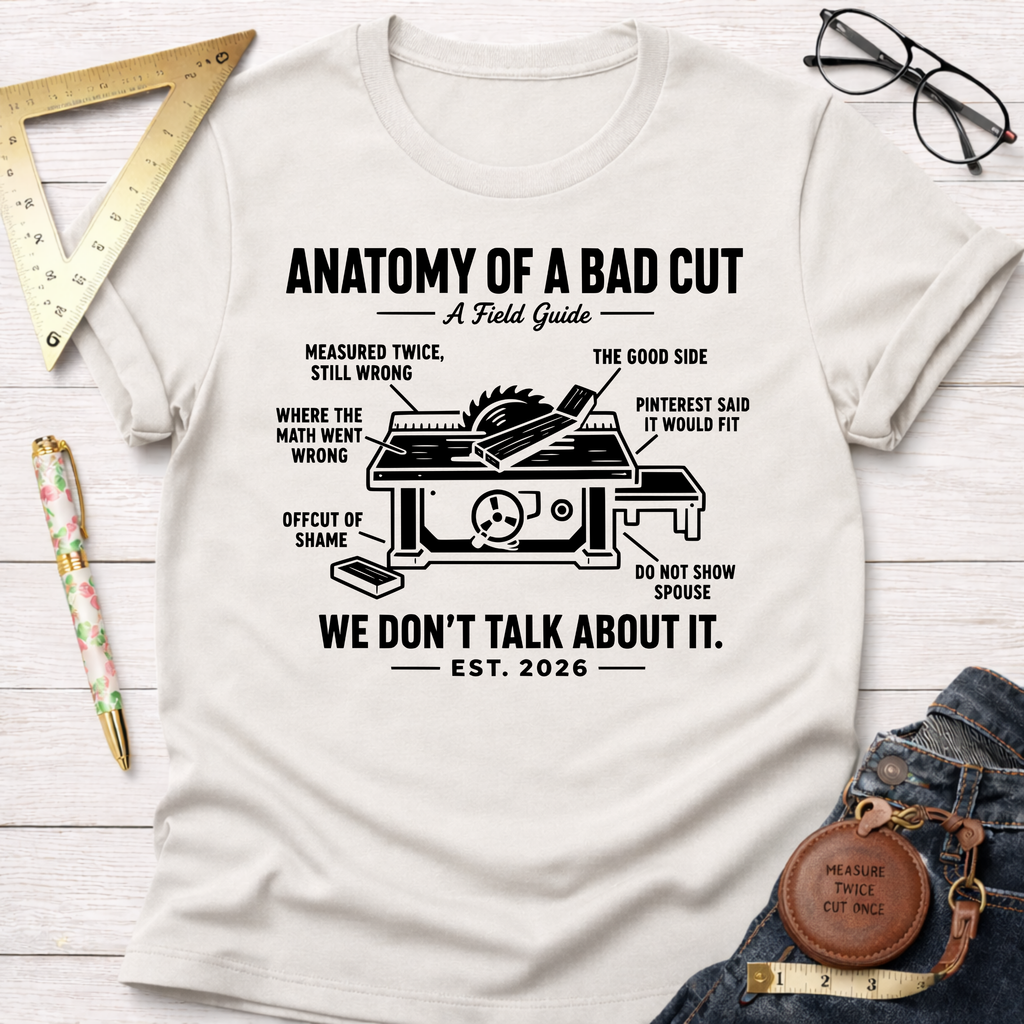 Women's funny woodworking graphic tee shirt for female woodworkers, makers, and DIY builders — Sawdust & Ponytails.