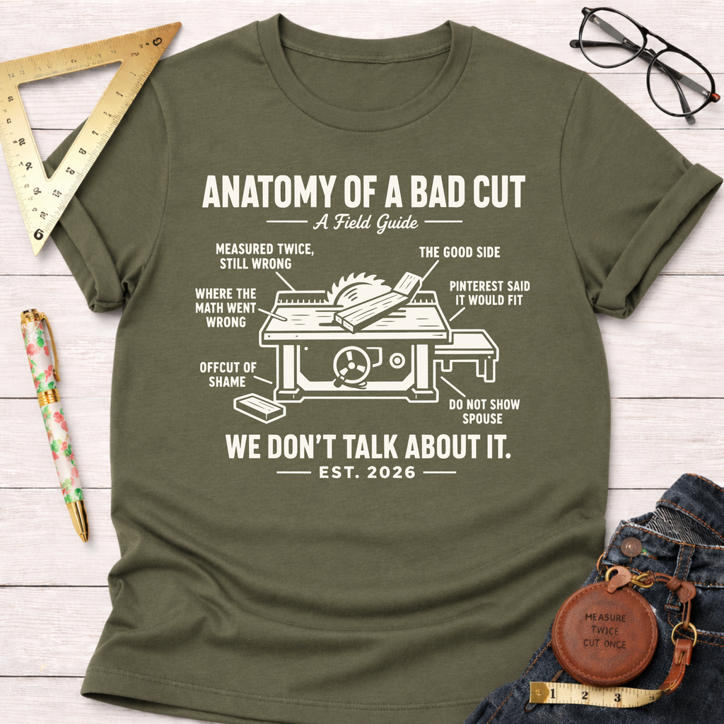 Women's funny woodworking graphic tee shirt for female woodworkers, makers, and DIY builders — Sawdust & Ponytails. Olive green cotton tee with "Anatomy of a Bad Cut" graphic.