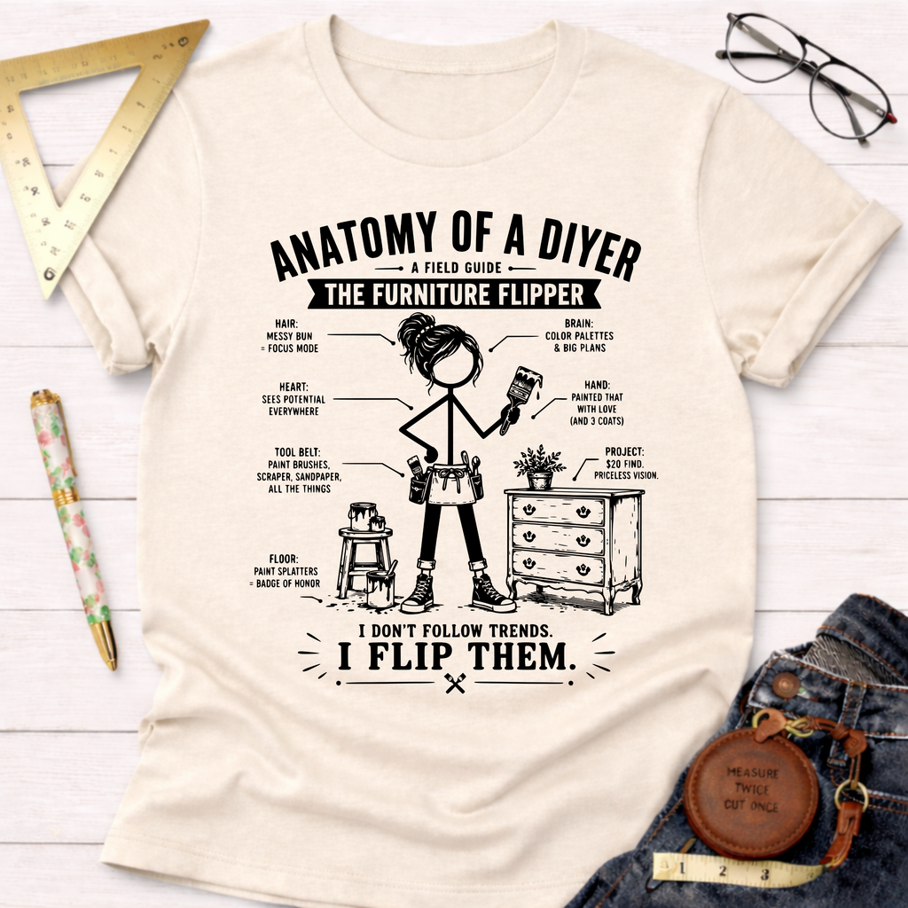 Women's funny woodworking graphic tee shirt for female woodworkers, makers, and DIY builders — Sawdust & Ponytails. Cream t-shirt with "Anatomy of a DIYer The Furniture Flipper" graphic.
