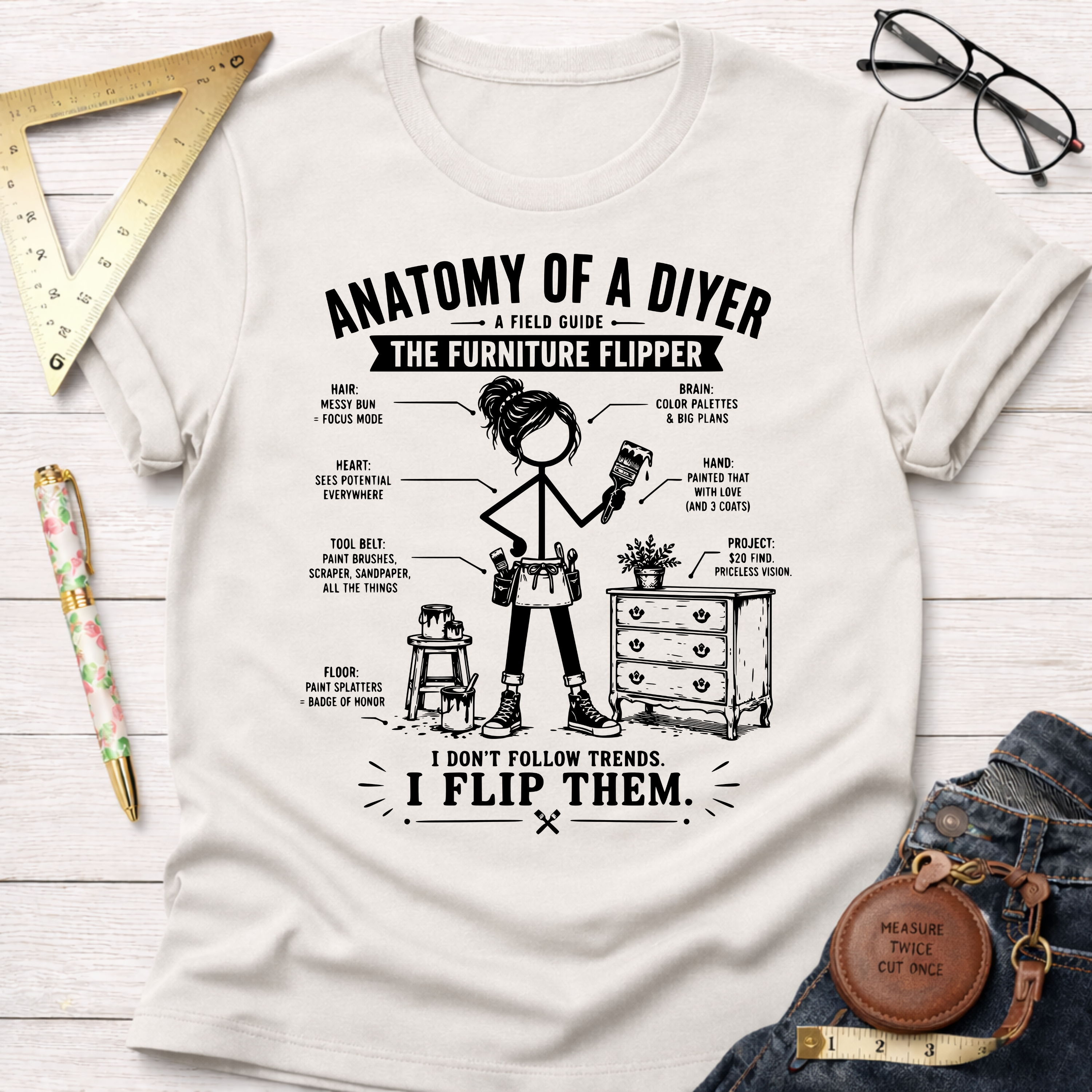 Women's funny woodworking graphic tee shirt for female woodworkers, makers, and DIY builders — Sawdust & Ponytails.