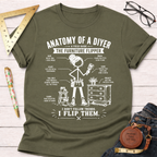 Women's funny woodworking graphic tee shirt for female woodworkers, makers, and DIY builders — Sawdust & Ponytails. Olive green cotton tee with "Anatomy of a DIYer The Furniture Flipper" white graphic.