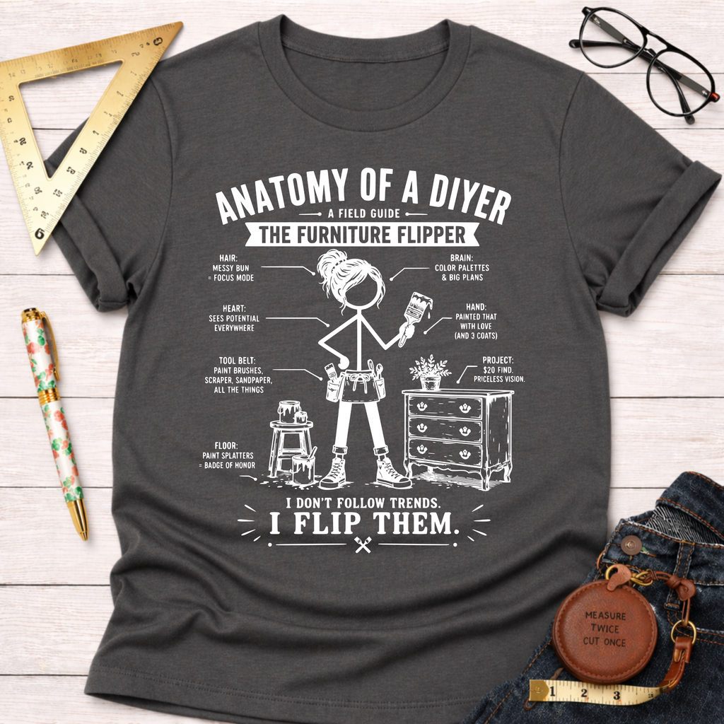 Women's funny woodworking graphic tee shirt for female woodworkers, makers, and DIY builders — Sawdust & Ponytails. Dark gray cotton tee with "Anatomy of a DIYer The Furniture Flipper" graphic.